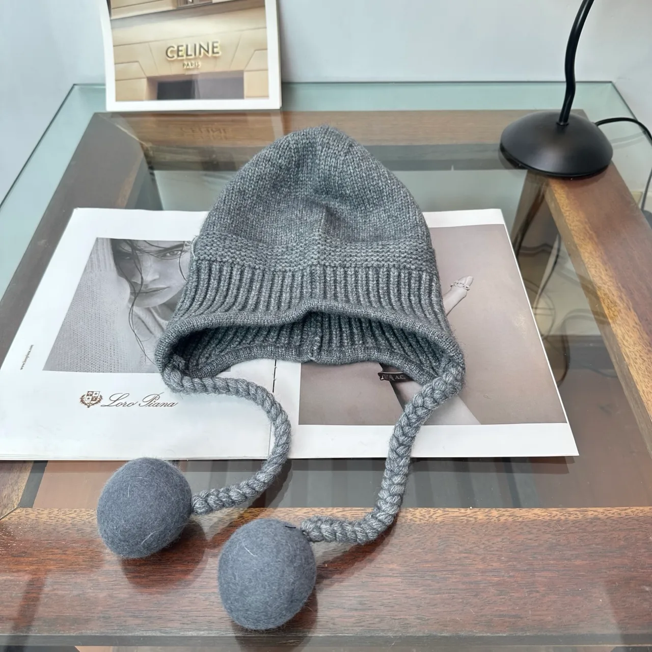 Miu Miu Earflap Beanie in Cream & Grey & Black · view 7