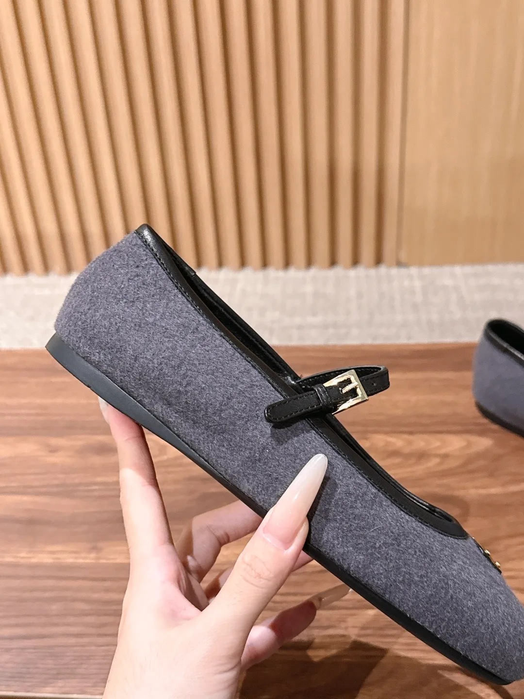 Prada Smooth Round-Toe Mary Jane Flats in Grey · view 8