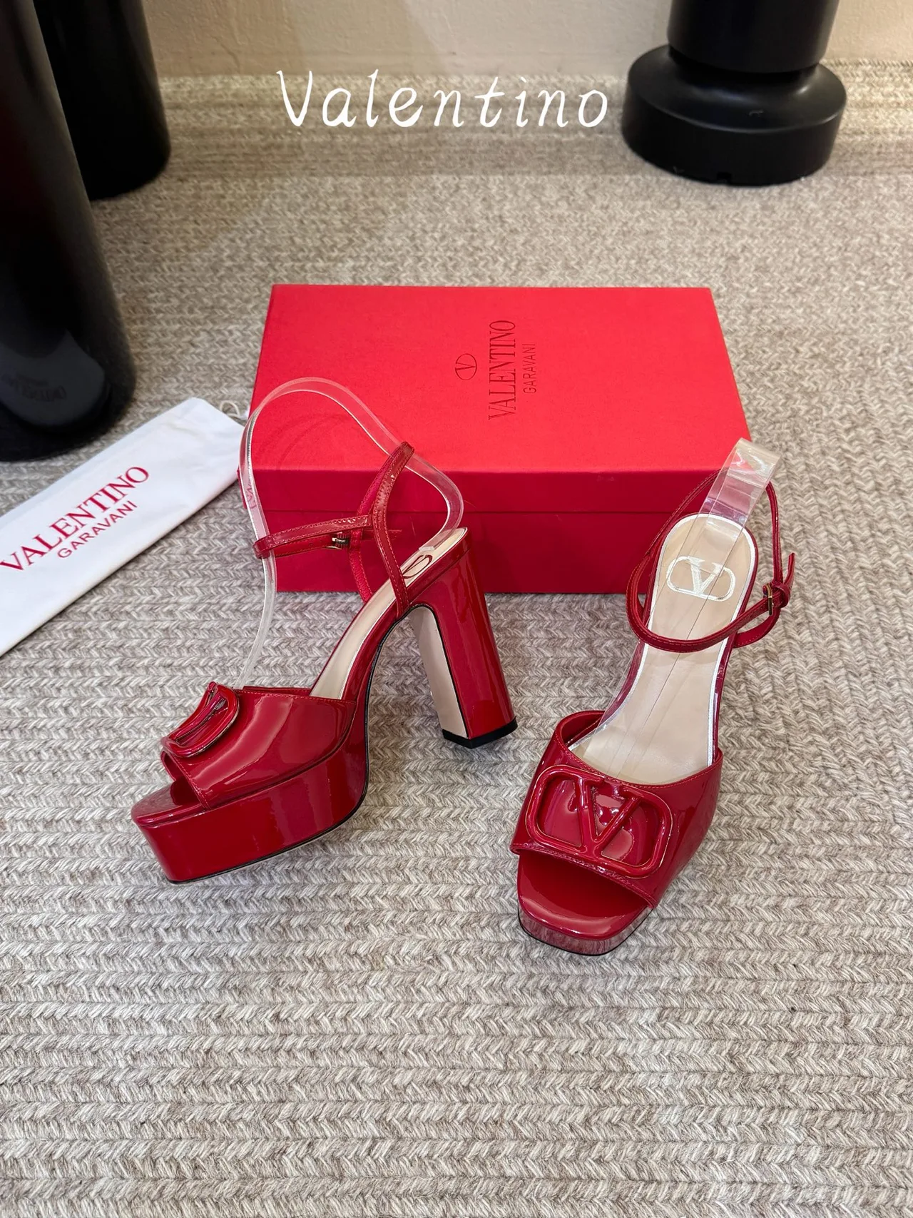 Valentino Patent Leather Glossy Square-Toe Sandals in Red · view 5