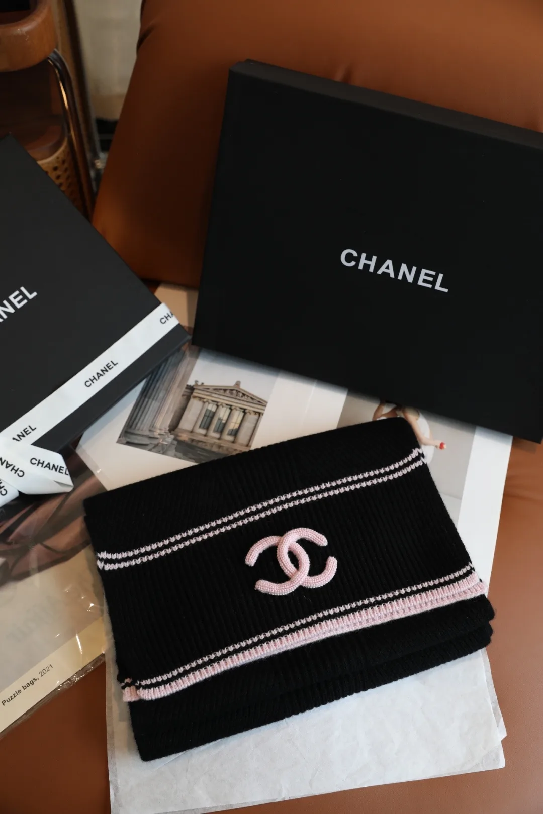 Chanel Wool Cashmere Striped Scarf in Black · view 2