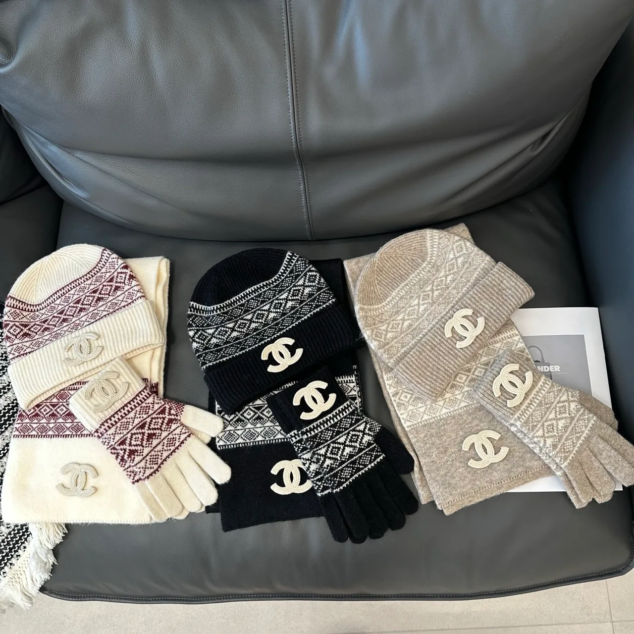 Chanel Hat, Scarf and Gloves Set in Beige & Black · view 7