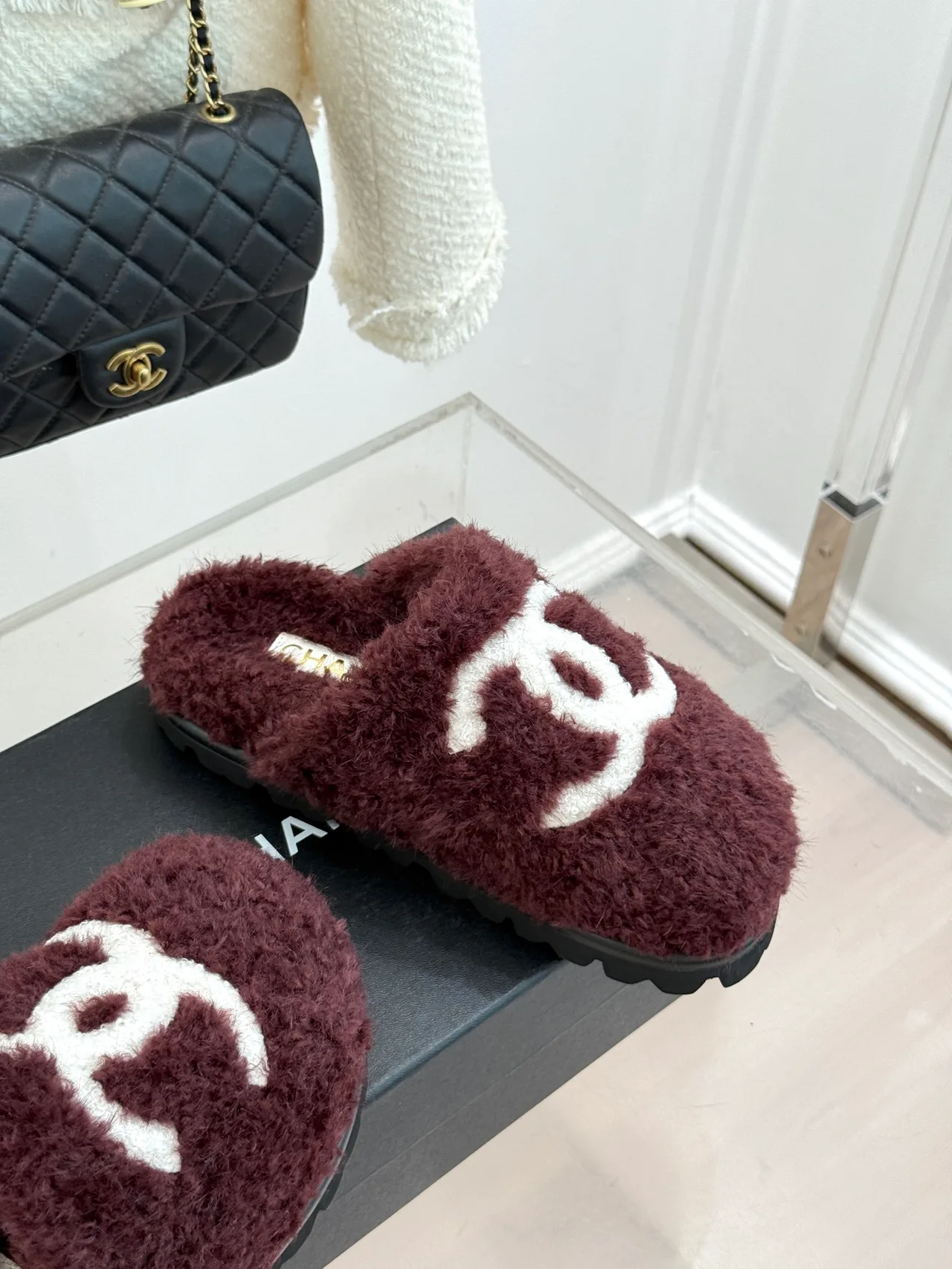 Chanel Denim Slippers in Burgundy · view 5