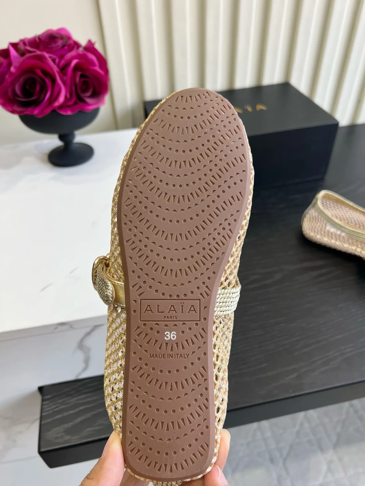 Alaia Sheepskin Mesh Mary Jane Flats in Gold · view 5