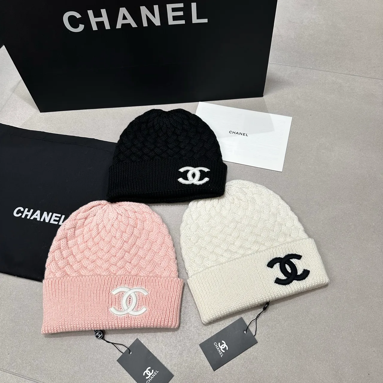 Chanel Textured CC knit beanie in Black & Pink & Cream · view 6