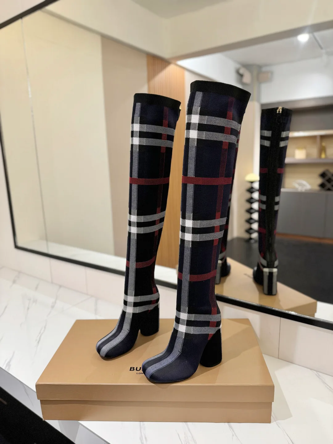 Burberry Ribbed Check Knee-High Boots in Blue · view 2