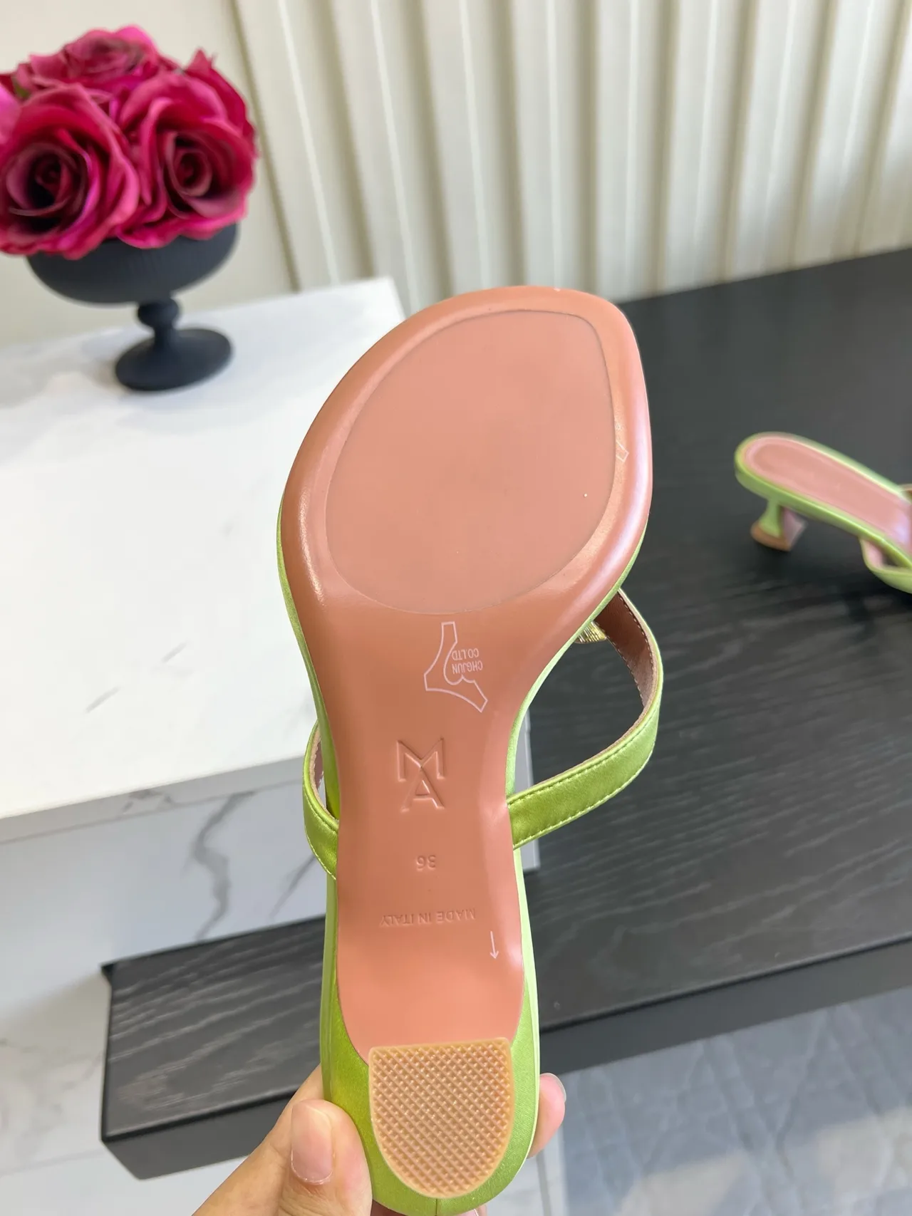 Amina Muaddi Silk Sandals in Green · view 6
