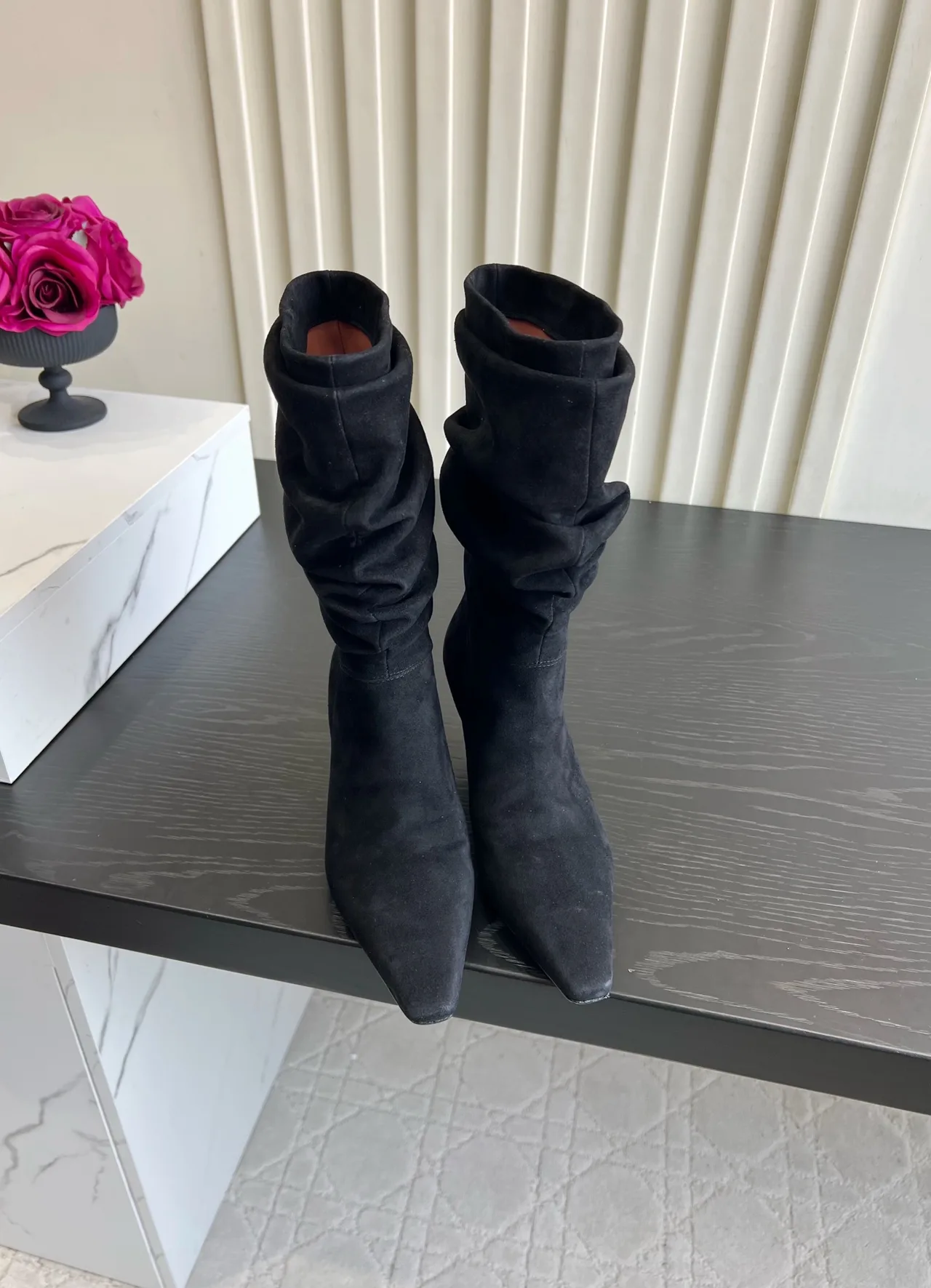 Amina Muaddi Cowhide Glossy Pointed-Toe Boots in Black · view 1