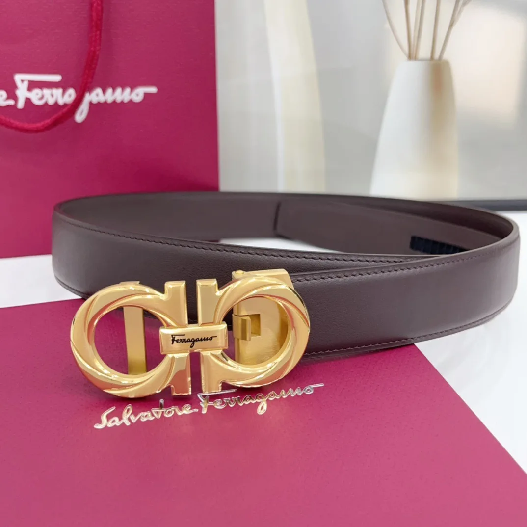 Ferragamo Calfskin Glossy Belt in Brown · view 3