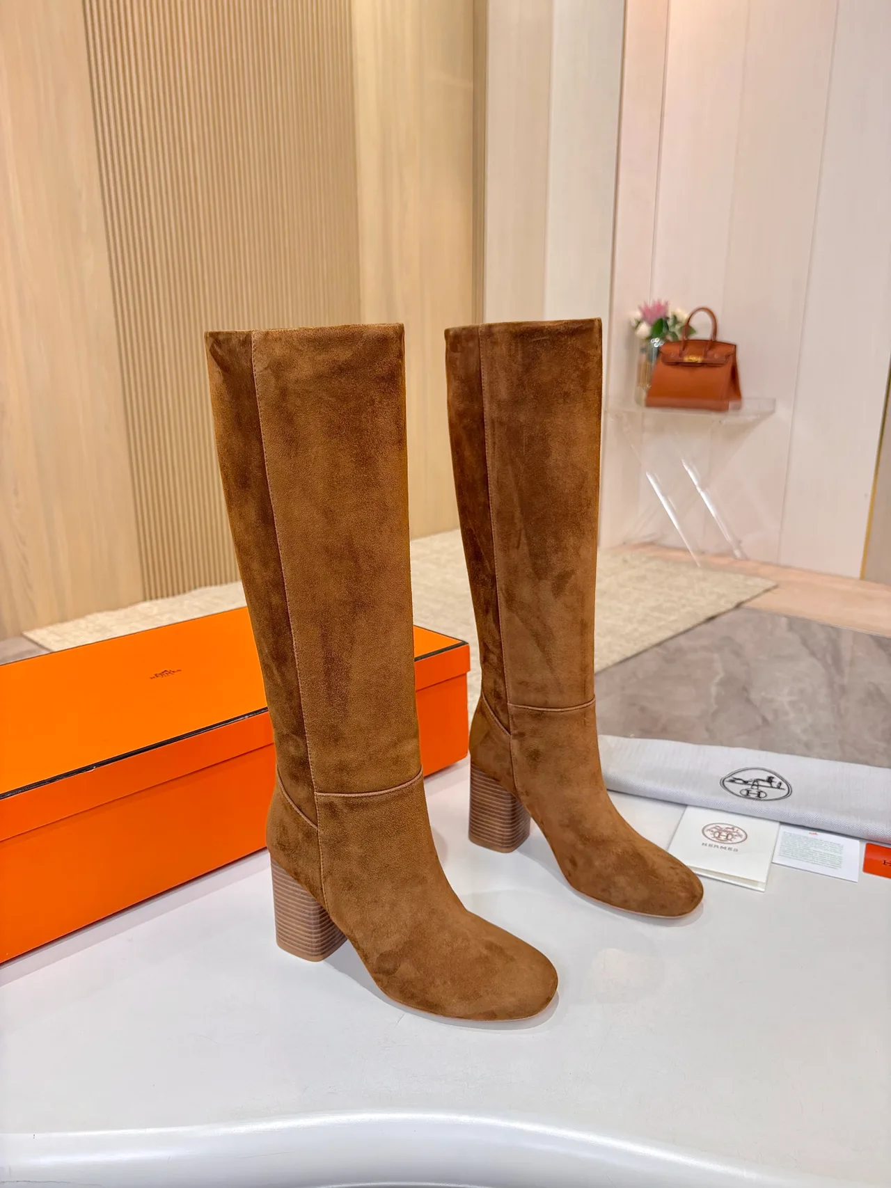 Hermes Suede-Look Round-Toe Knee-High Boots in Brown · view 4
