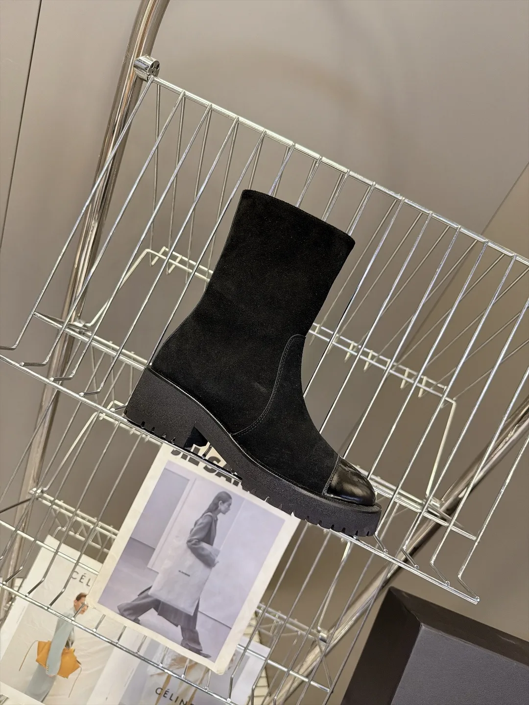 Chanel Cowhide Patent Leather Suede-Look Pointed-Toe Ankle Boots in Black · view 7