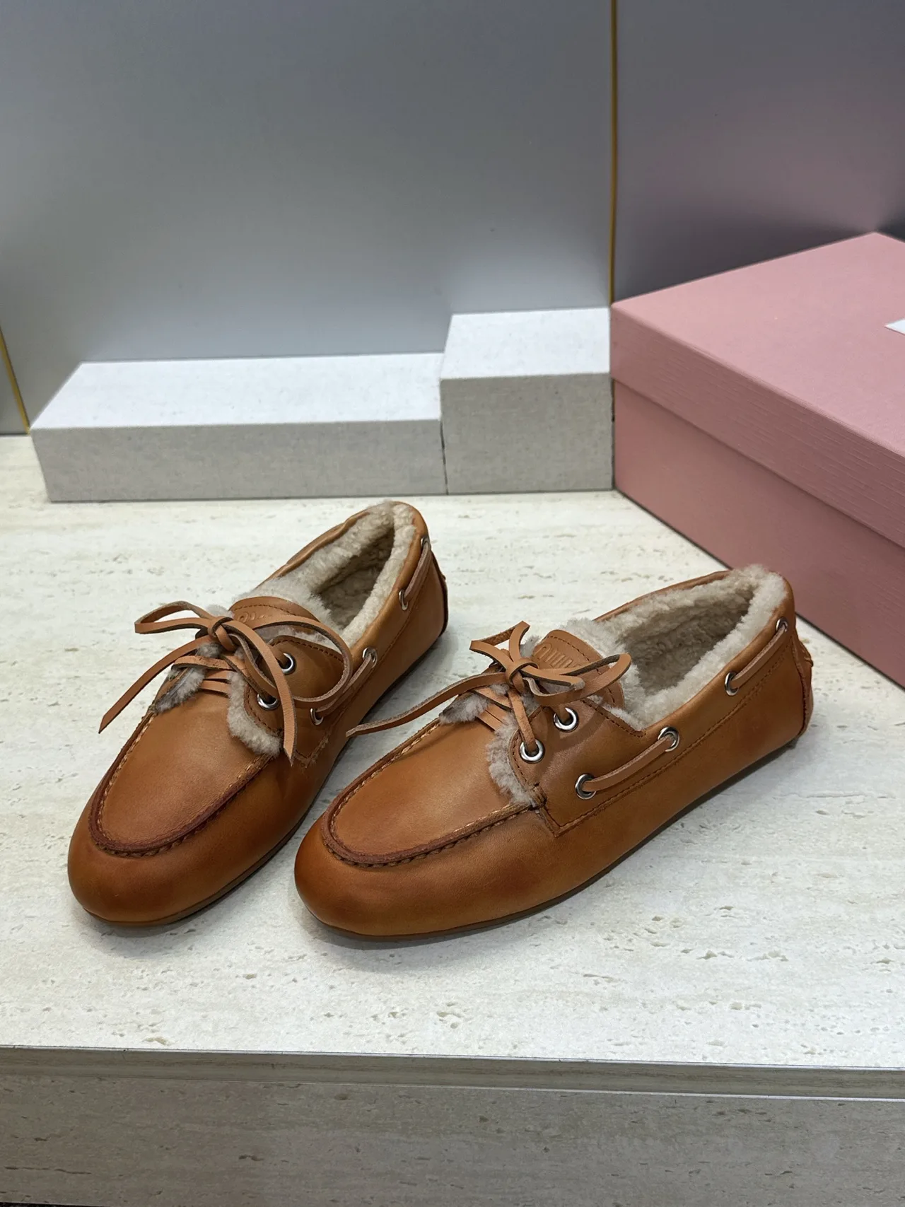 Miu Miu Calfskin Smooth Loafers in Tan · view 3