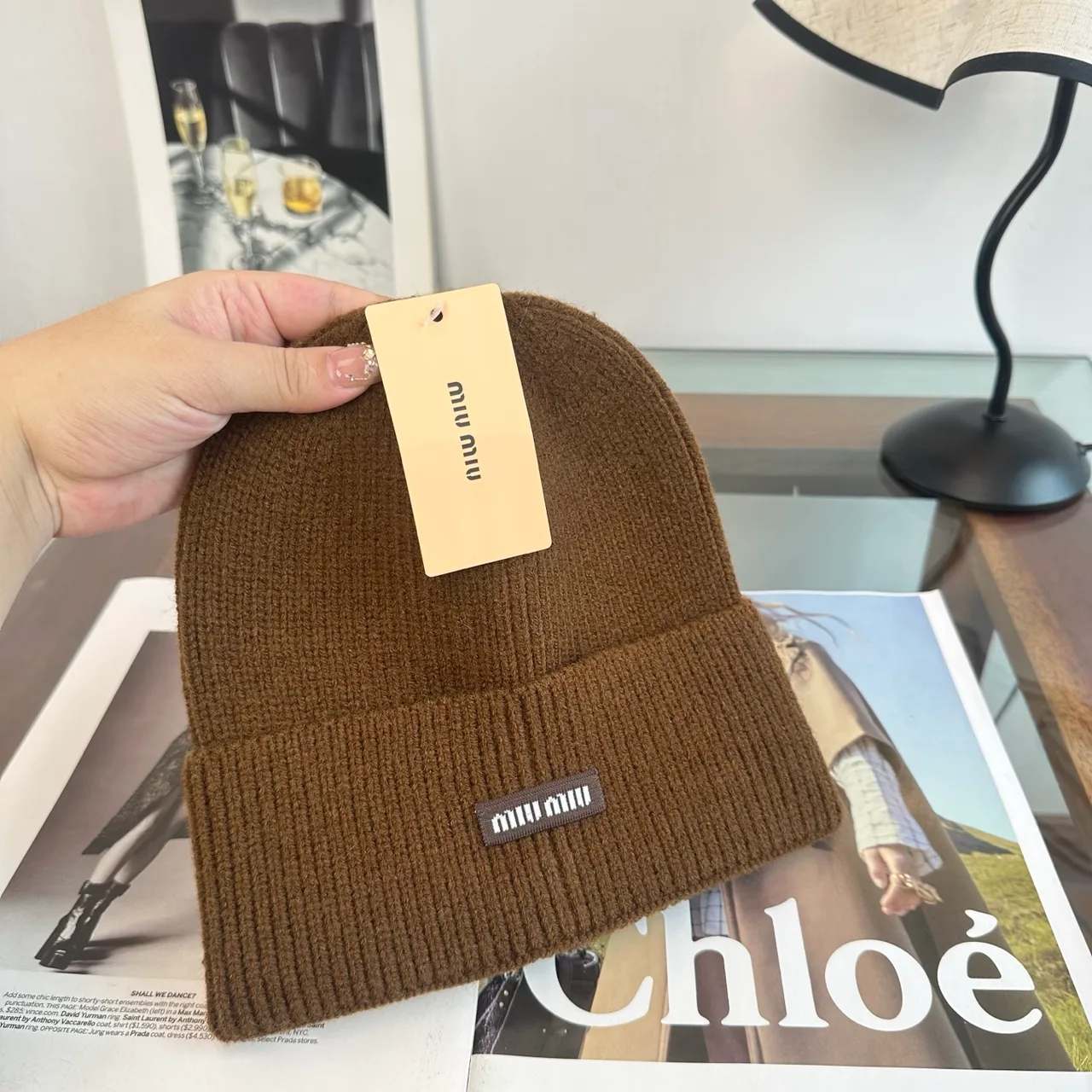 Miu Miu Ribbed Beanie in Brown · view 6