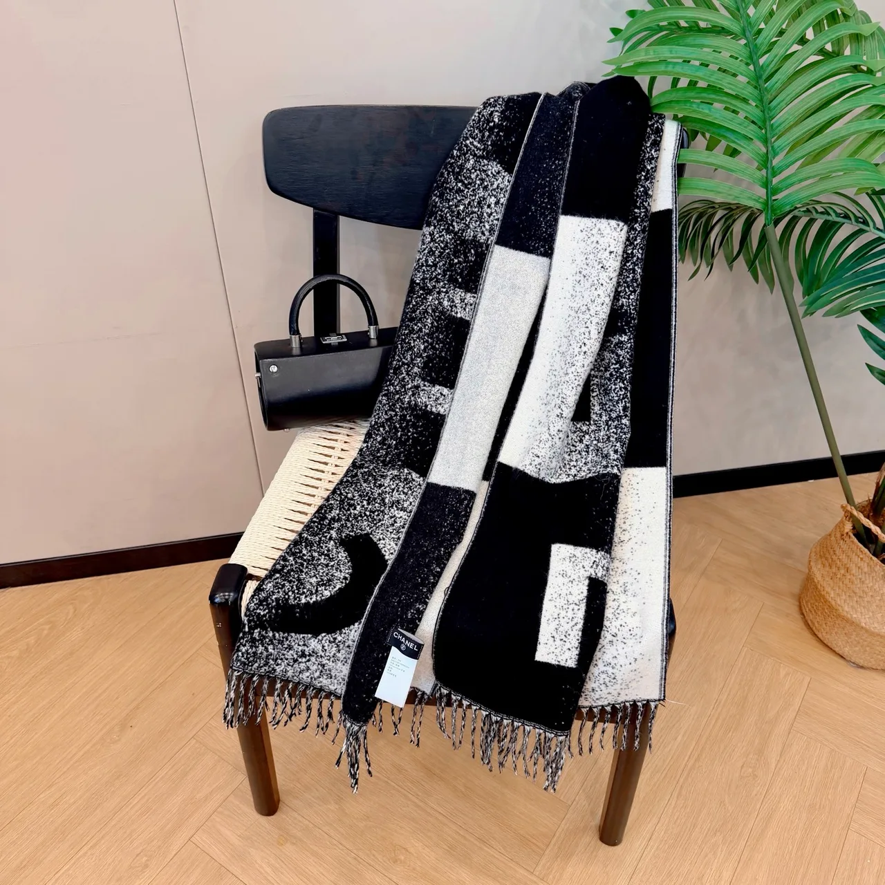 Chanel Cashmere Large Letter Fringed Scarf in Black · view 1