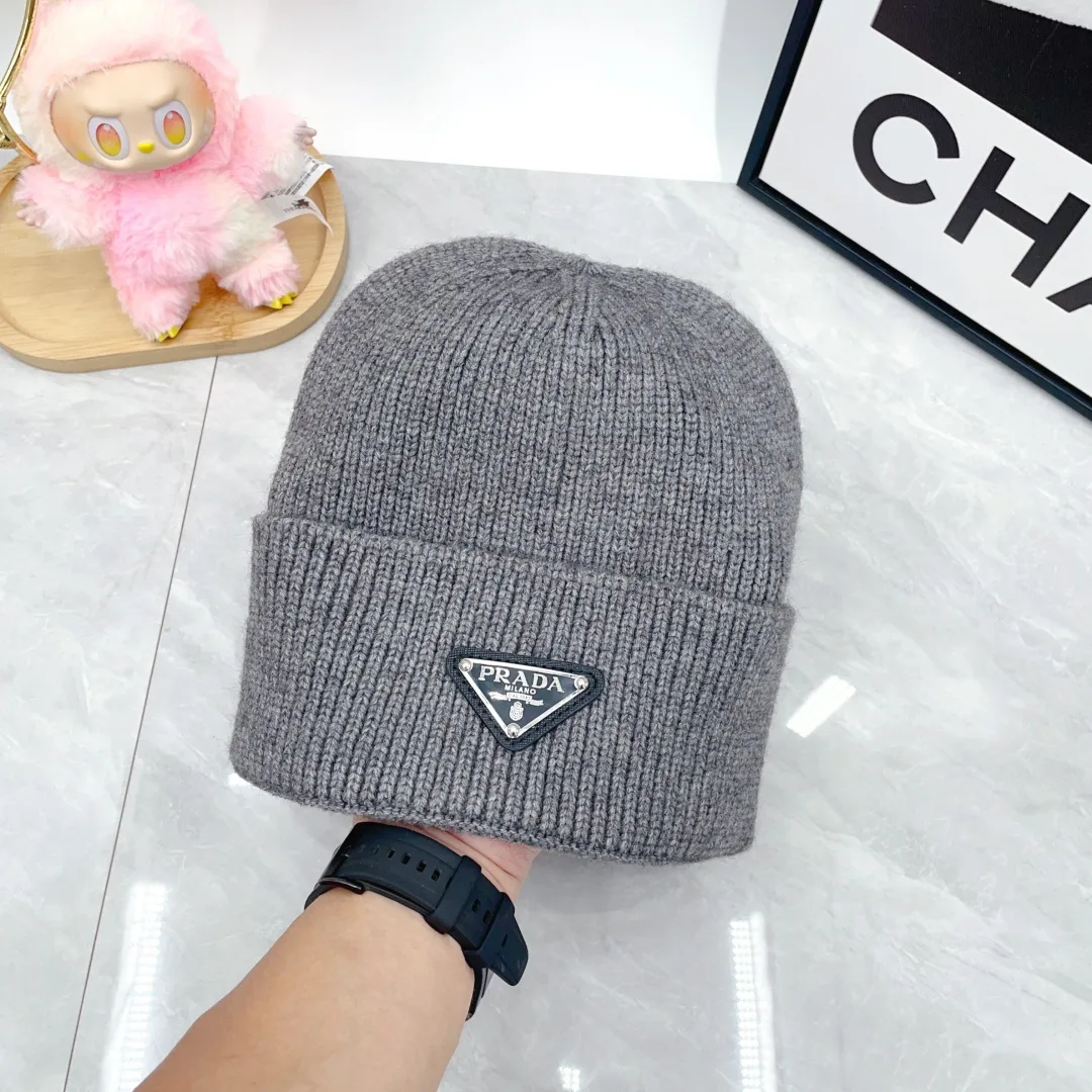 Prada Wool Triangle Logo Knit Beanie in Grey · view 1
