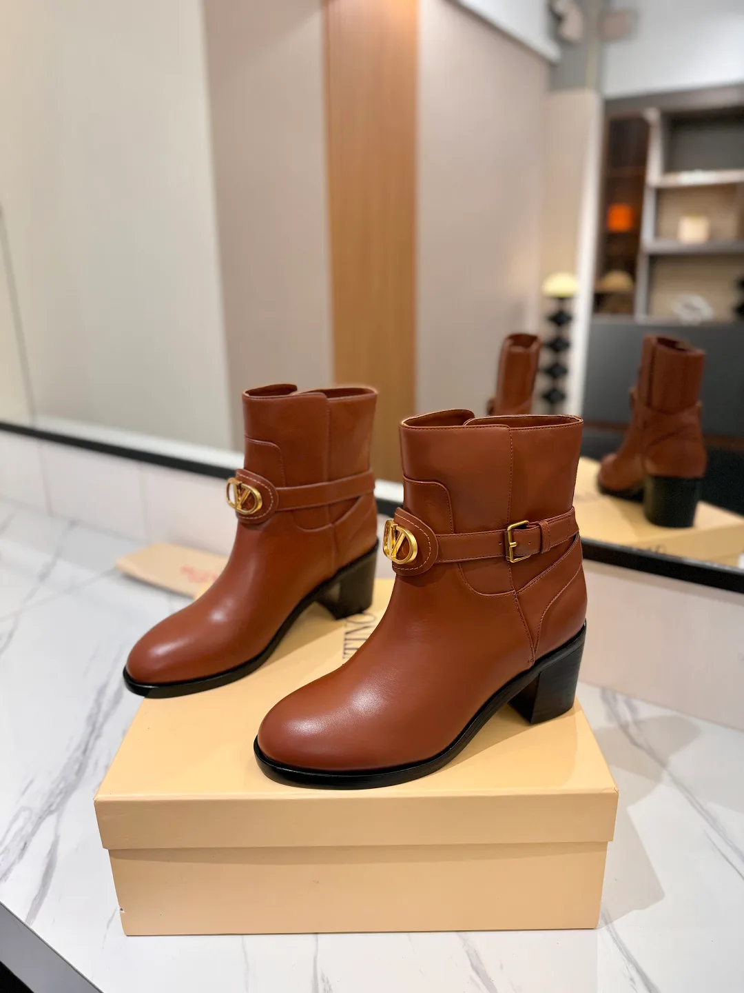 Valentino Calfskin Smooth Ankle Boots in Brown · view 2