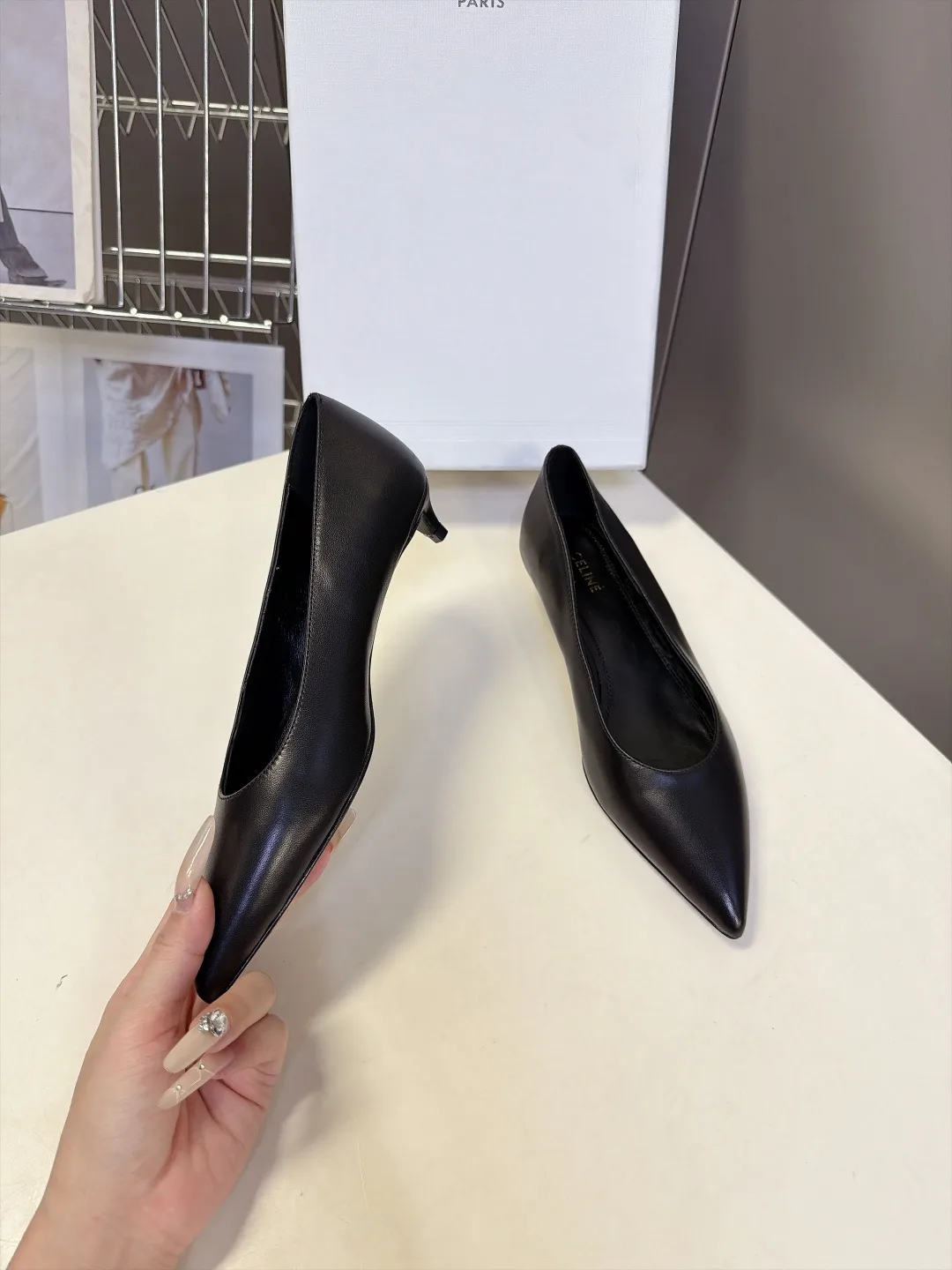 Celine Lambskin Glossy Pointed-Toe Kitten Heel Pumps in Black · view 4