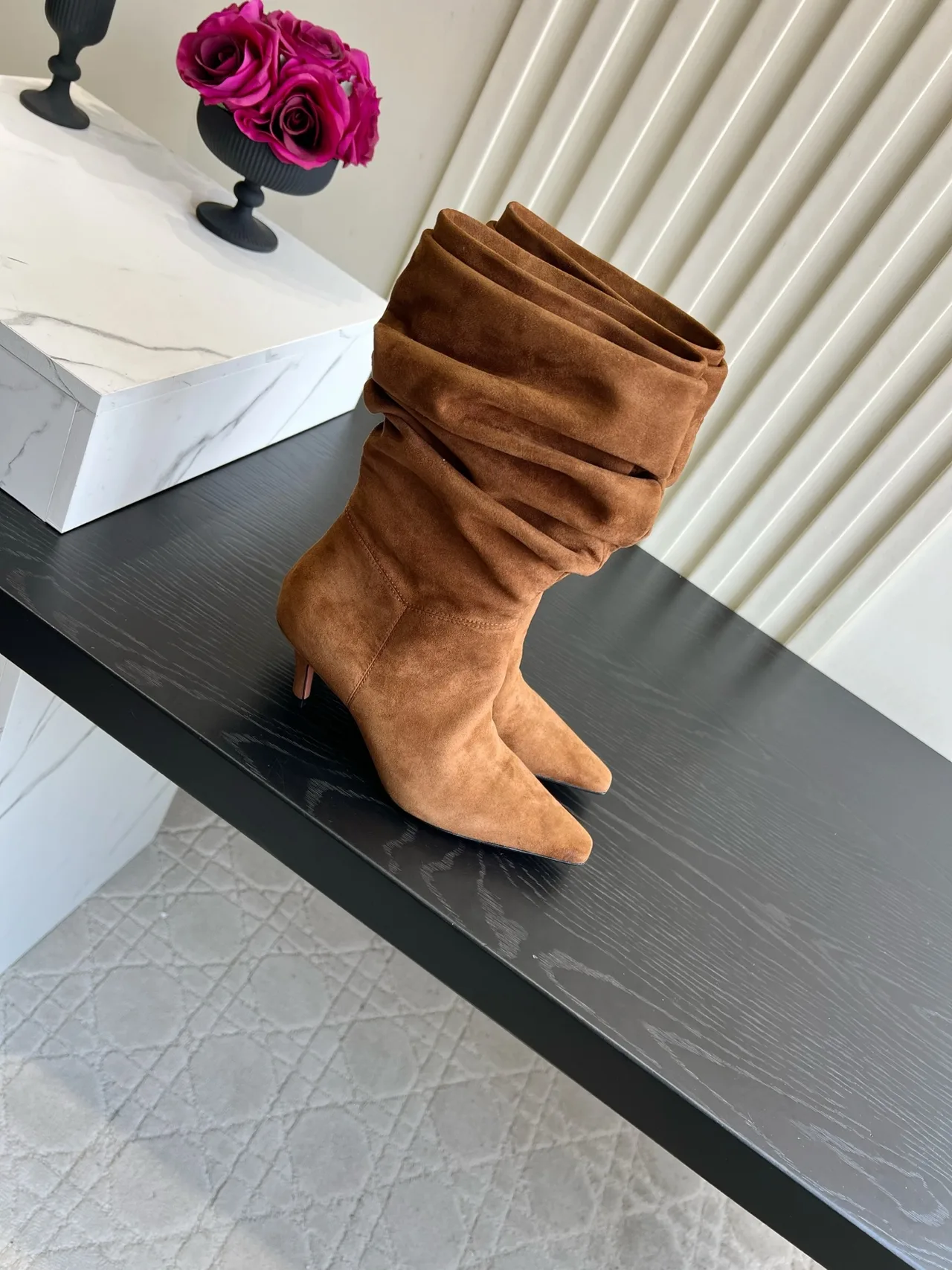 Amina Muaddi Cowhide Glossy Pointed-Toe Knee-High Boots in Tan · view 3