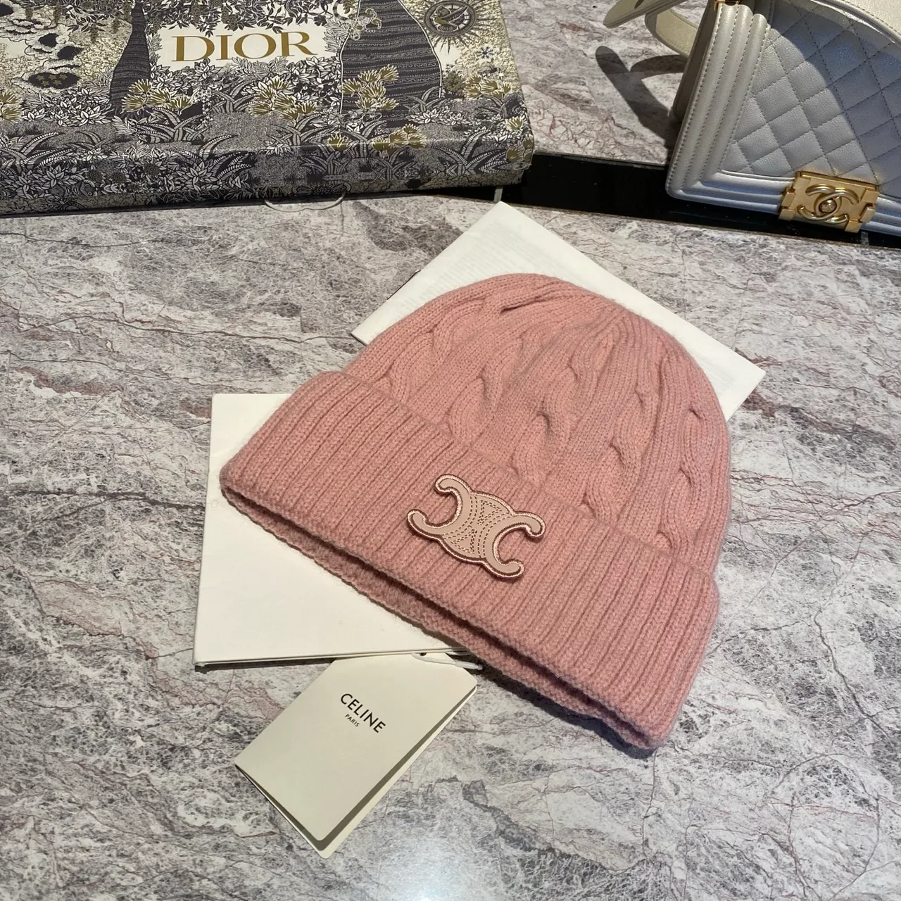 Celine Cable-Knit Triomphe Beanie in Pink & Black & White & Grey & Tan & Blue & Burgundy · view 1