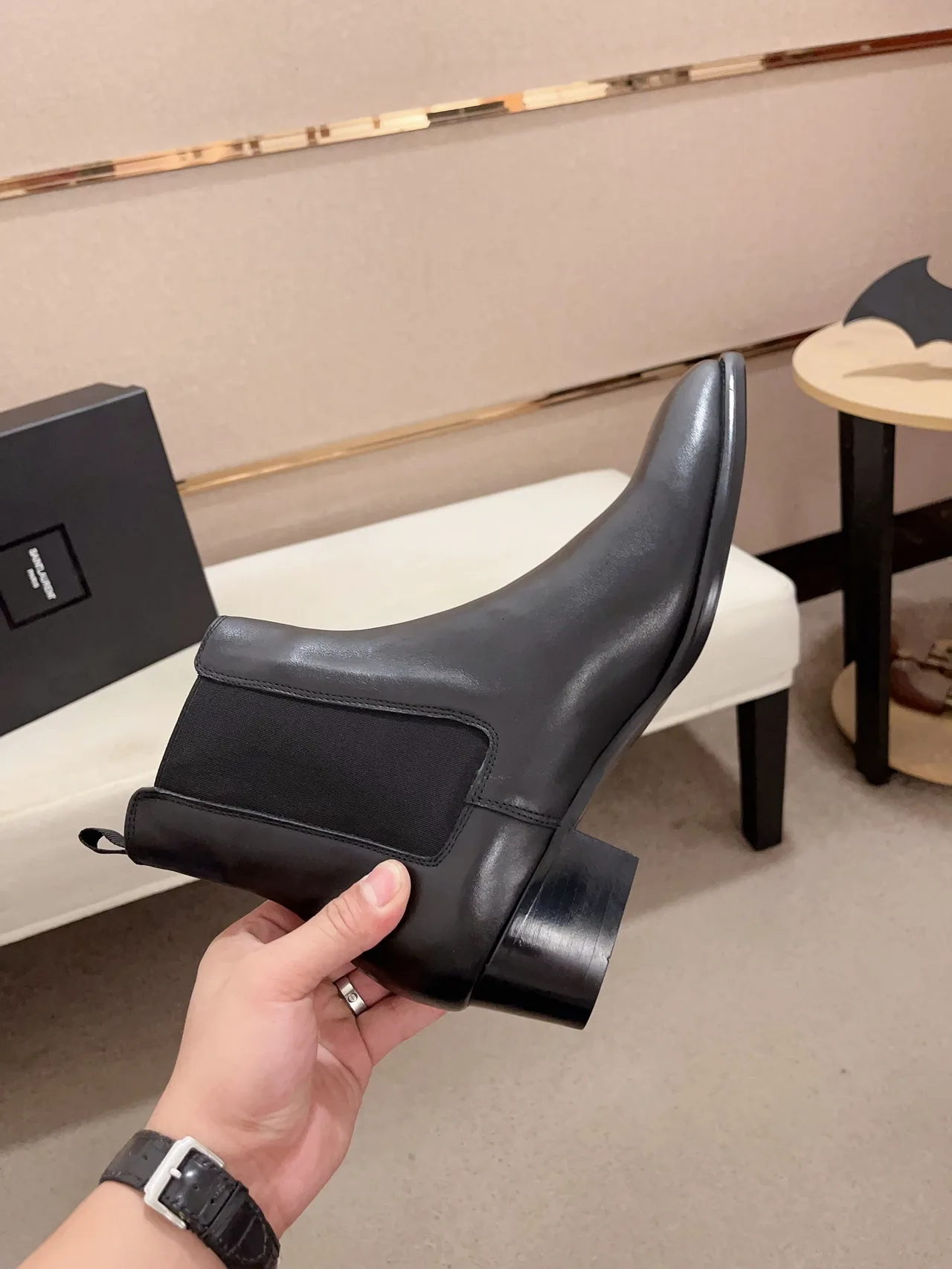 Saint Laurent Cowhide Glossy Pointed-Toe Chelsea Boots in Black · view 6