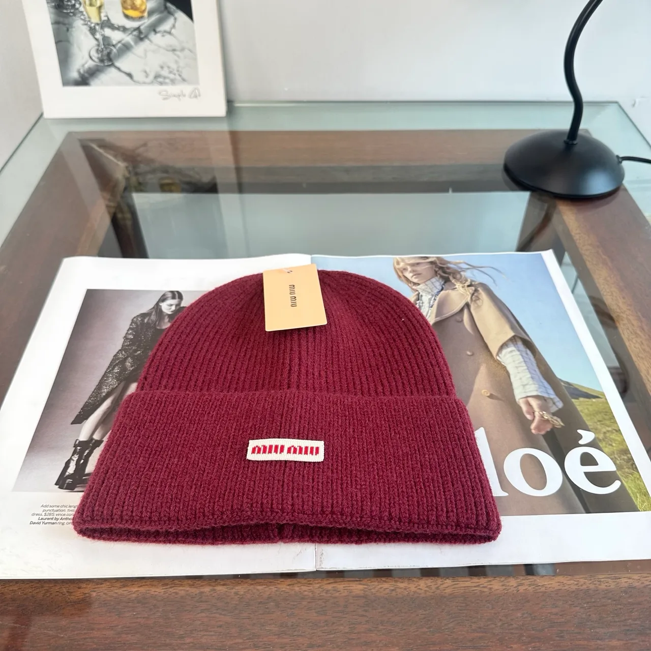 Miu Miu Ribbed Knit Beanie in Burgundy · view 1