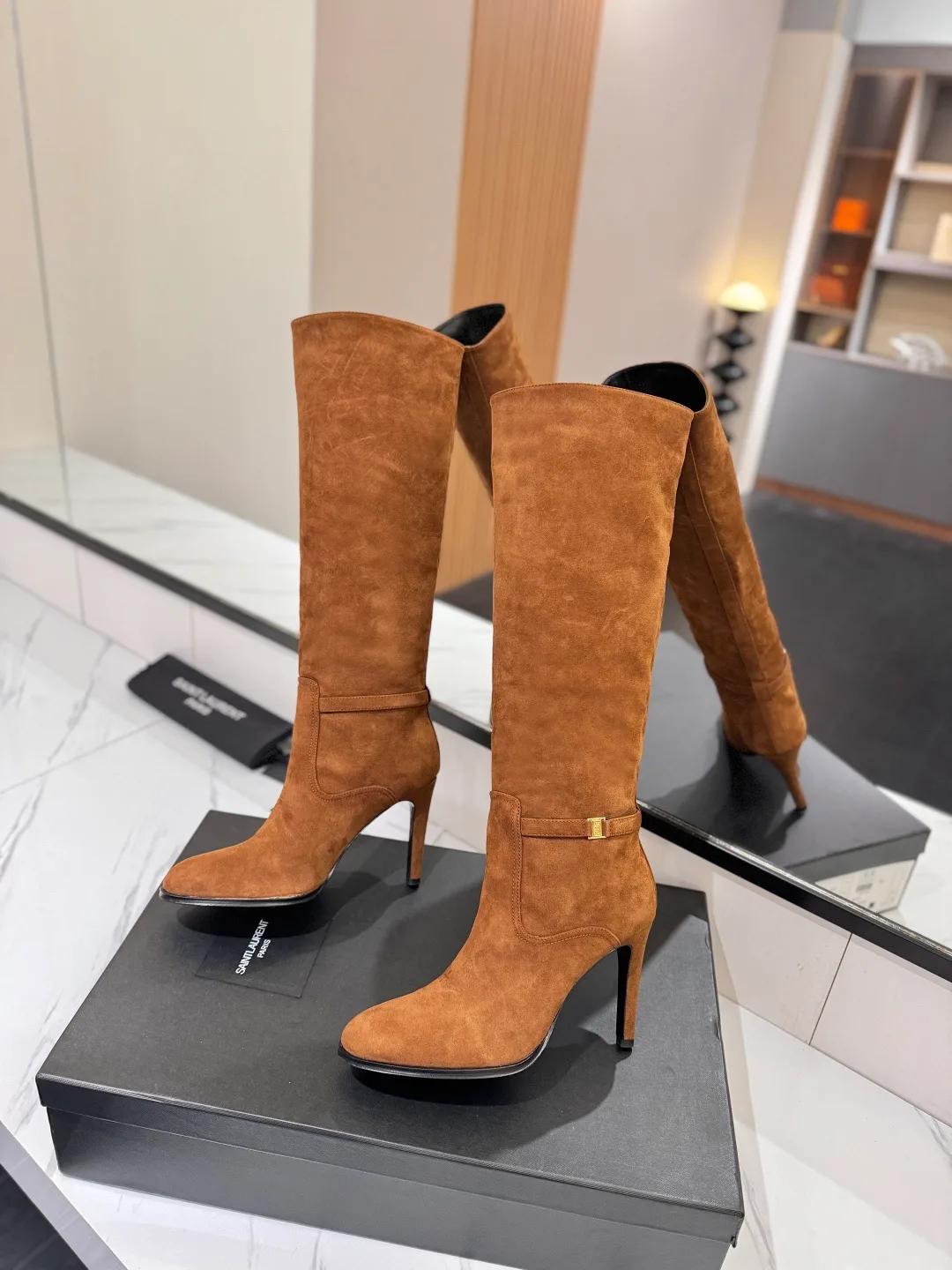 Saint Laurent Cowhide Sheepskin Glossy Suede-Look Buckle Knee-High Boots in Brown · view 4