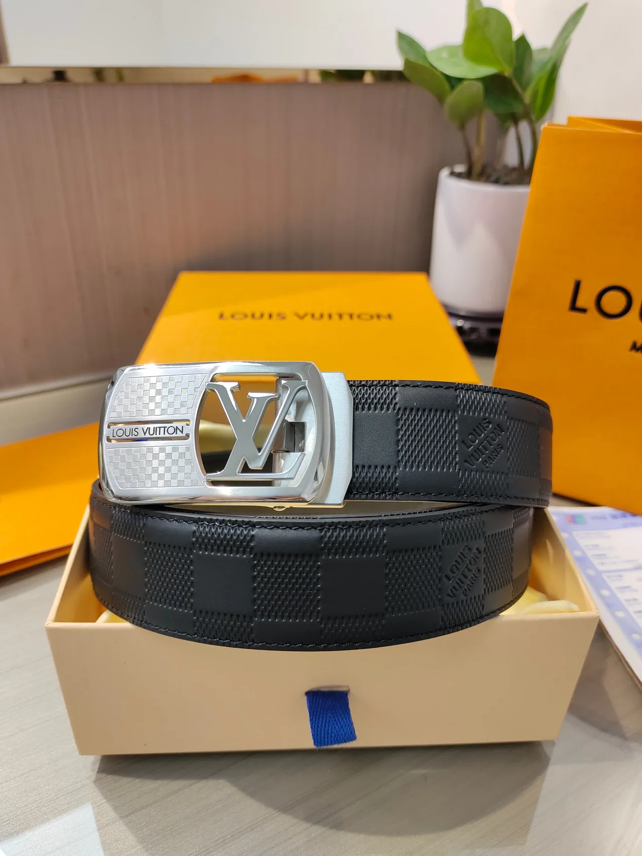 Louis Vuitton Calfskin Check Belt in Black · view 2