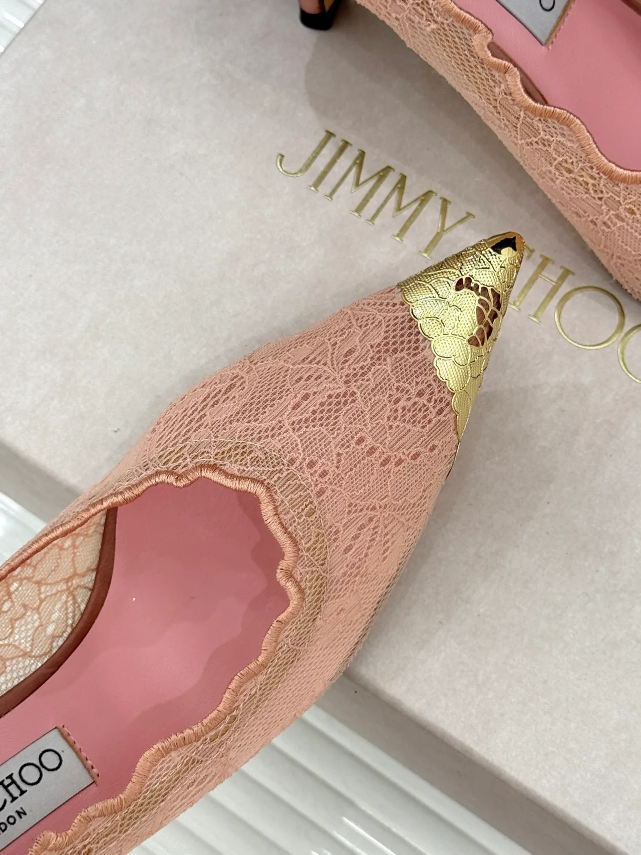 Jimmy Choo Smooth Pointed-Toe Lace Heel Pumps in Pink · view 7