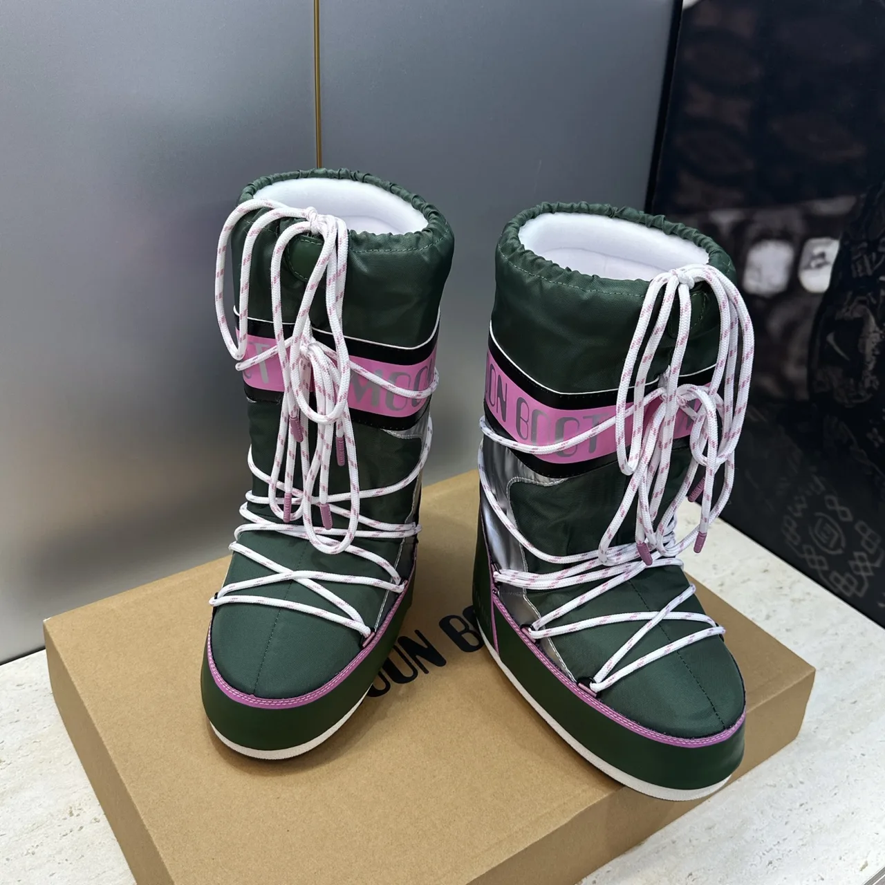 Moon Boot Lace-Up Snow Boots in Green · view 3