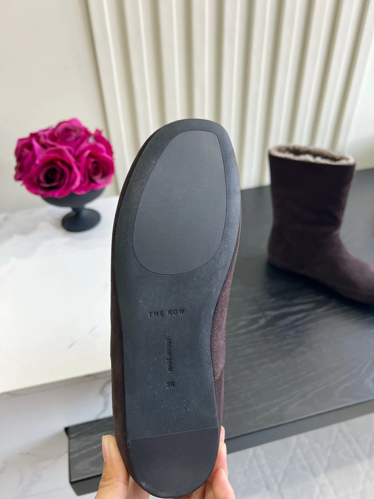 The Row Cowhide Suede-Look Fur-Lined Mid-Calf Boots in Brown · view 5