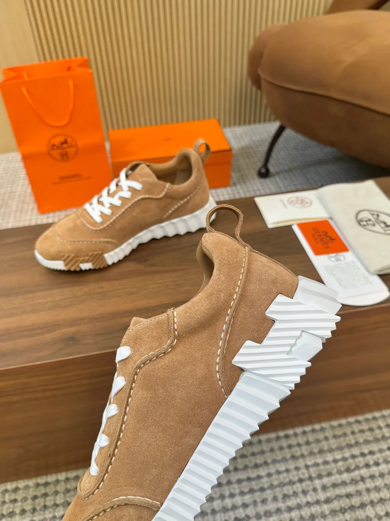 Hermes Panelled Sneakers in Tan · view 7