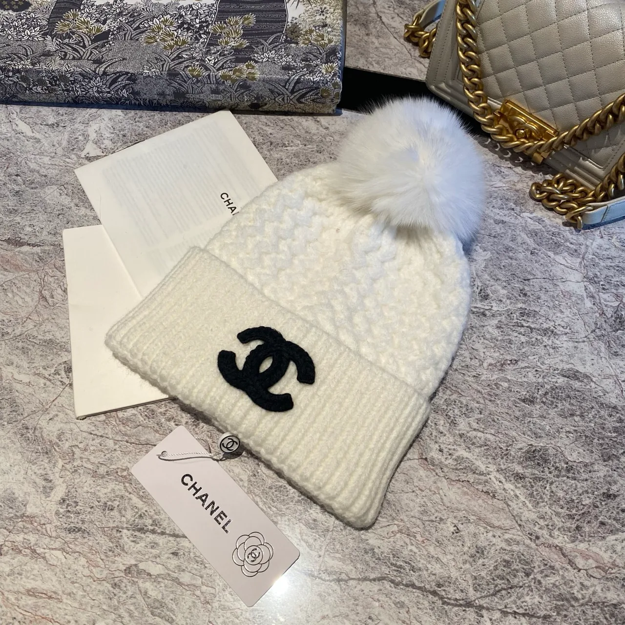 Chanel Pom Beanie in Black & White & Beige & Grey · view 2