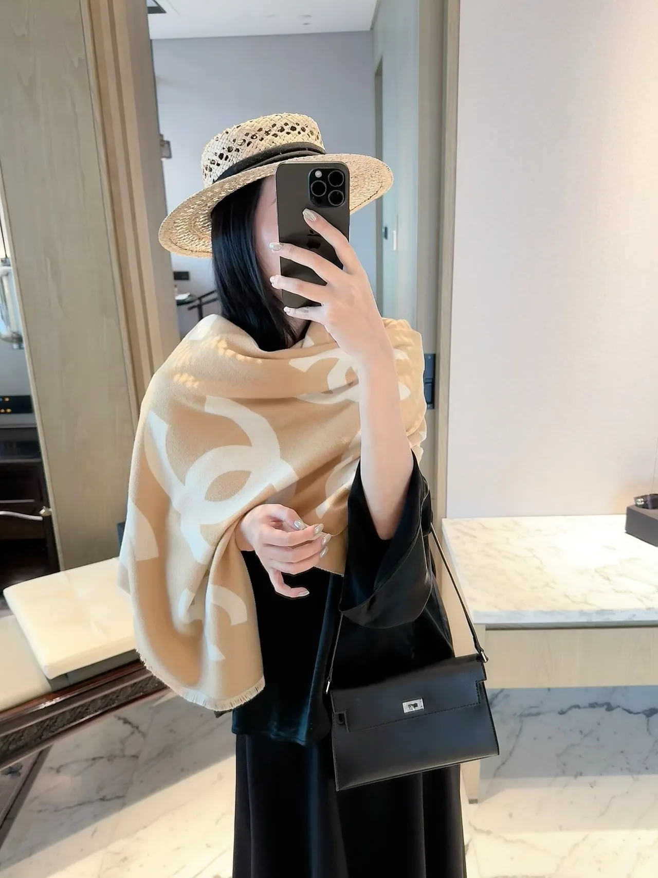 Chanel CC Jacquard Scarf in Beige & Black · view 4