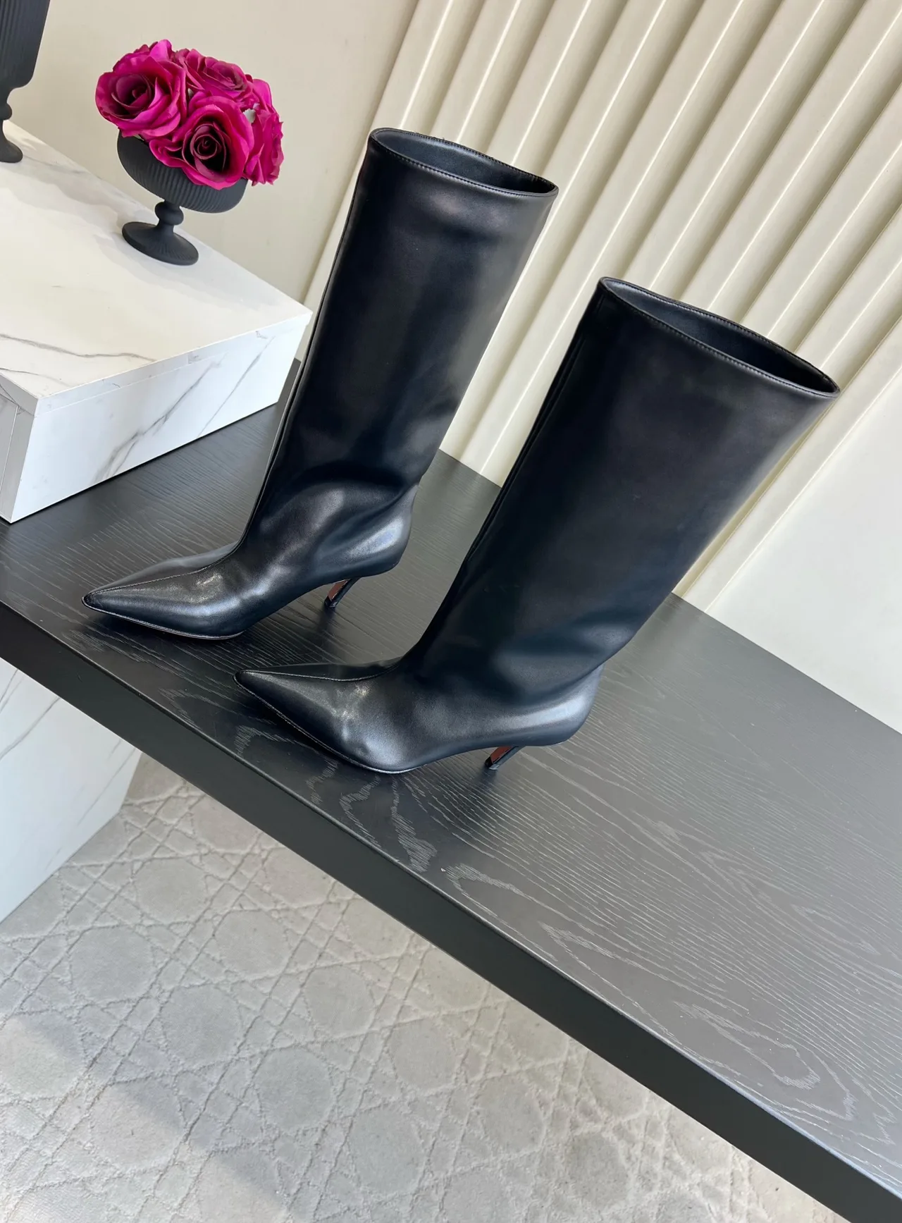 Amina Muaddi Cowhide Glossy Pointed-Toe Knee-High Boots in Black · view 2