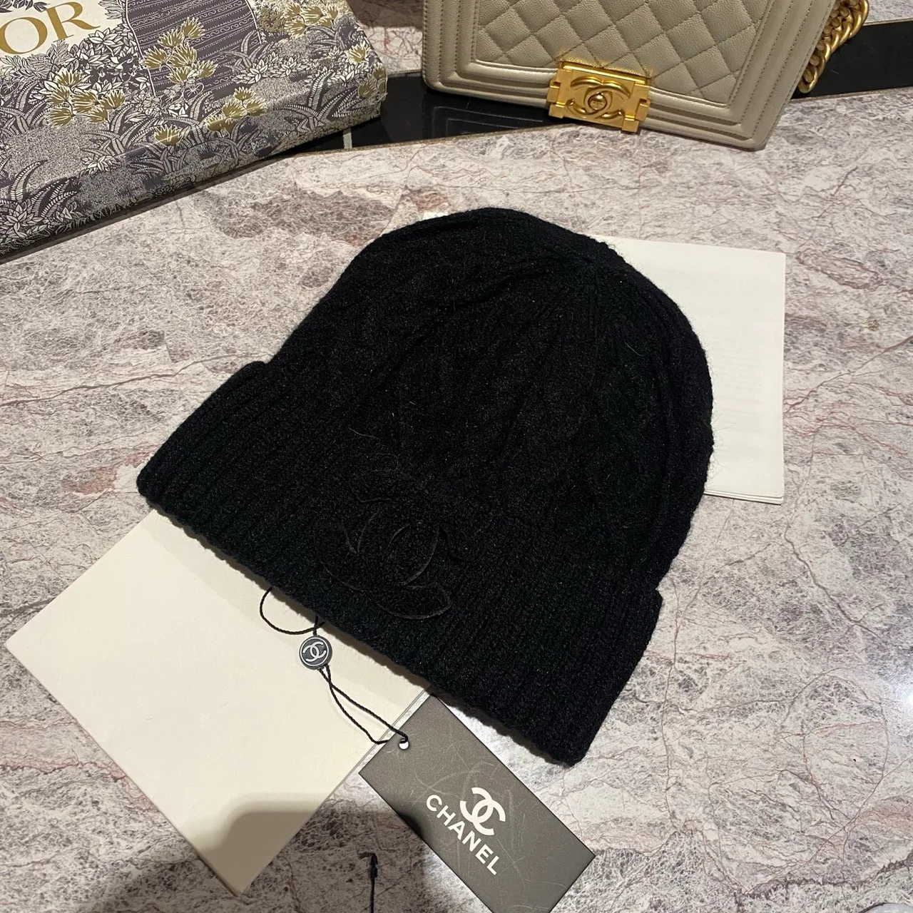 Chanel Cable-Knit Beanie in Black / White / Cream / Tan / Grey · view 2