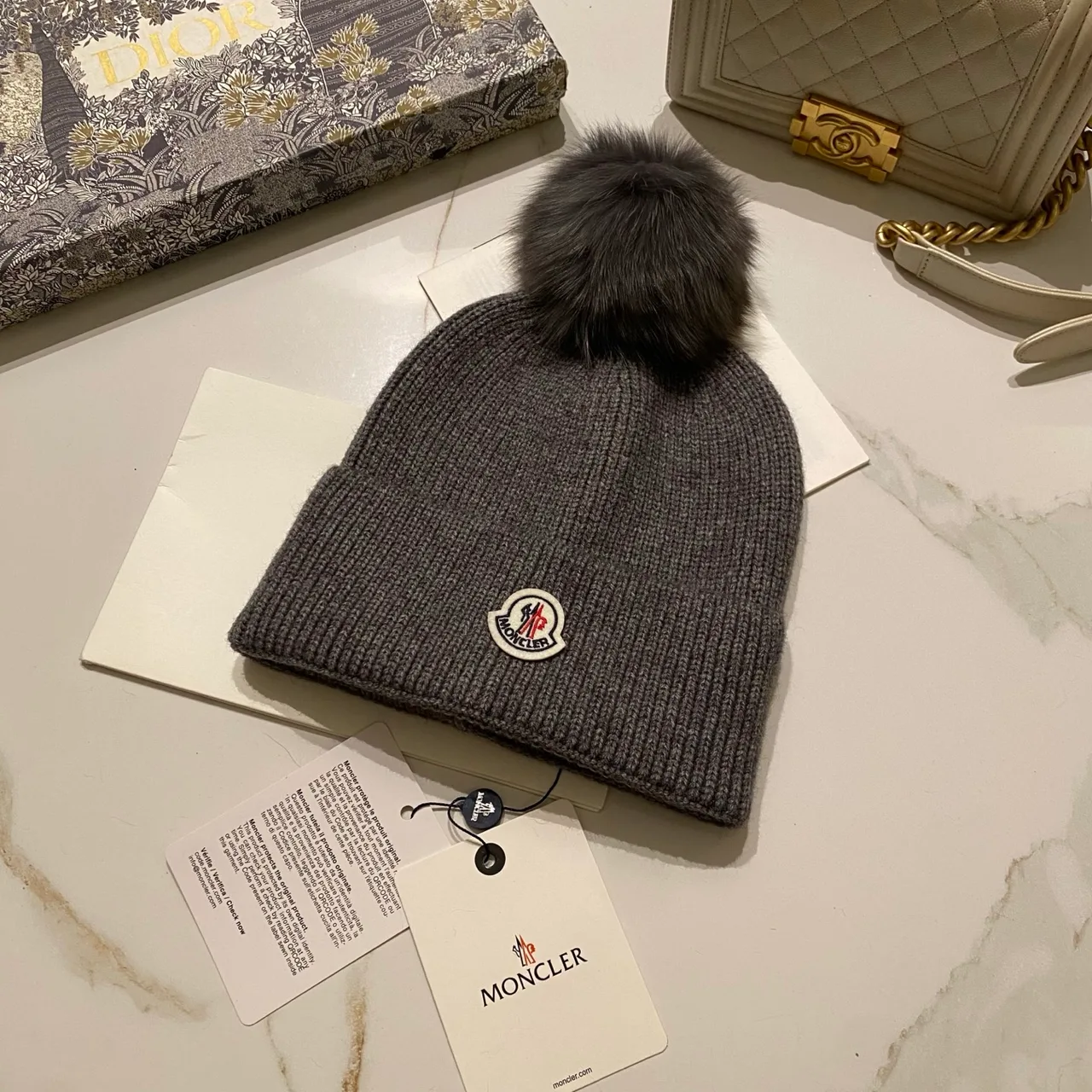 Moncler Pom Beanie in Red & Blue & Orange & Yellow & Pink & Burgundy & Brown & Grey & Black & White & Beige · view 3