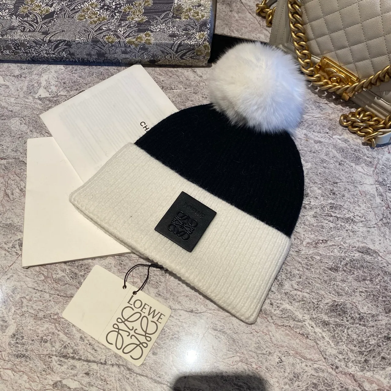Loewe Colorblock Pom Beanie in Black & White & Brown · view 1