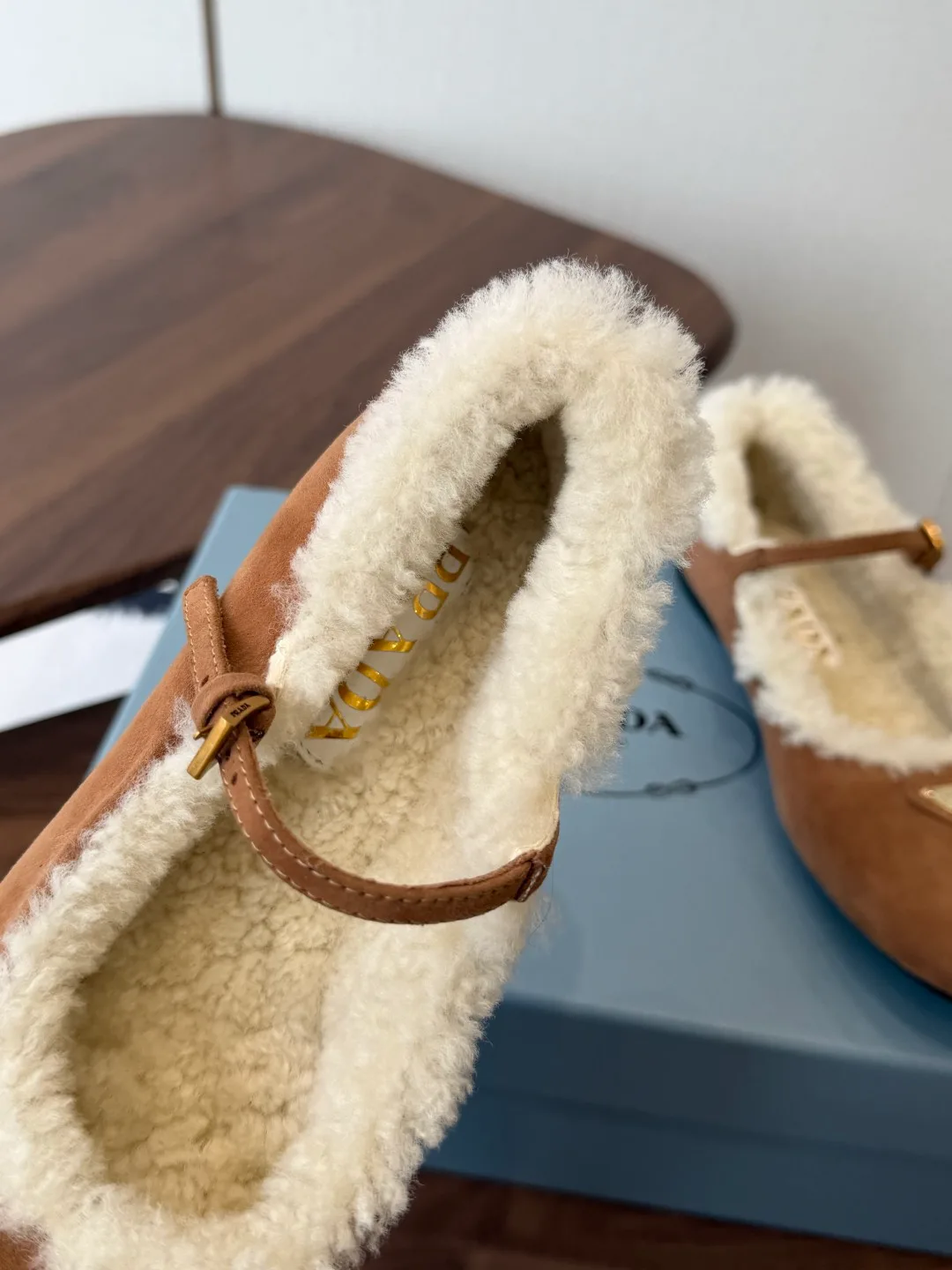 Prada Suede-Look Slippers in Tan · view 7