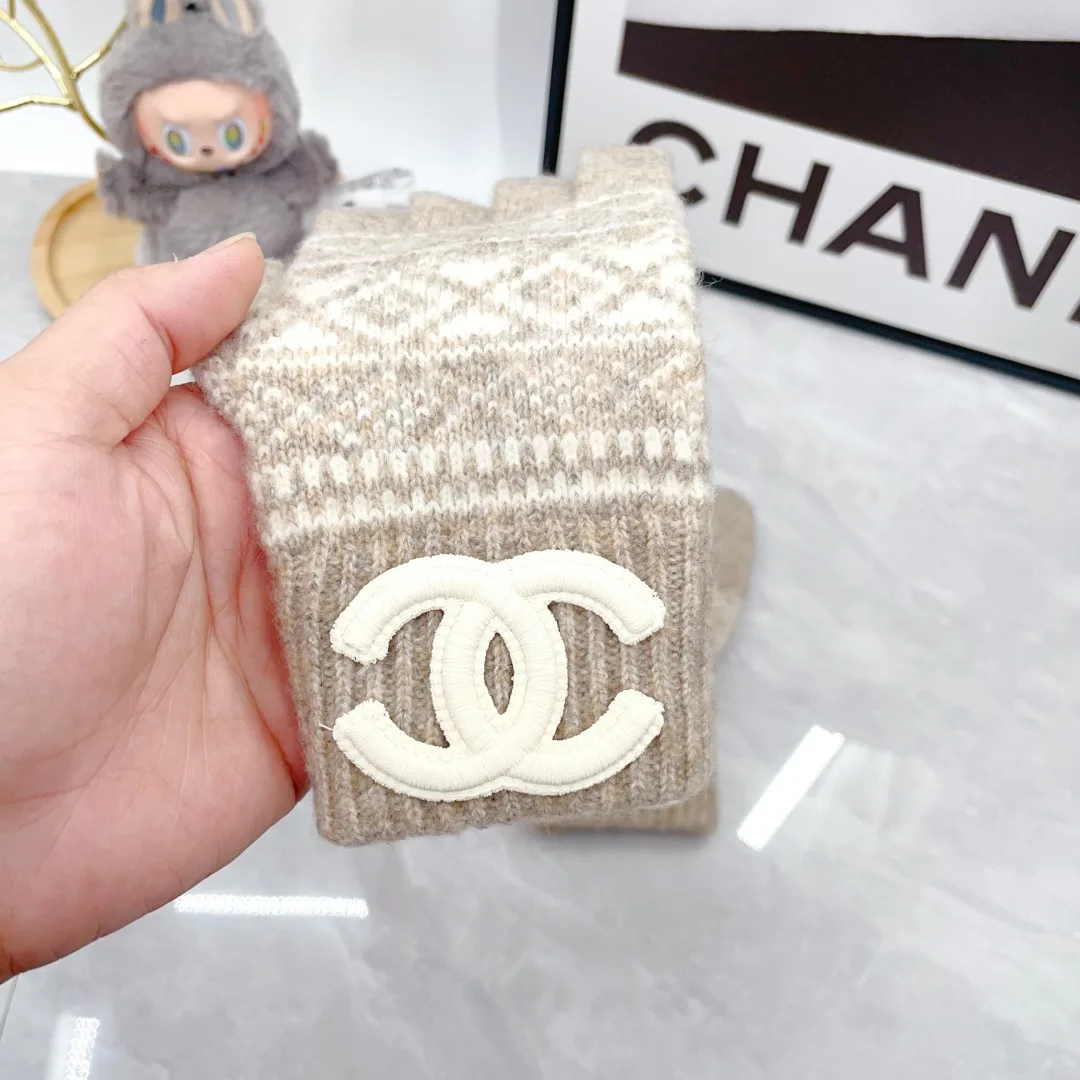 Chanel 50% Wool 50% Acrylic Ribbed Beanie, Scarf and Gloves Set in Beige · view 8