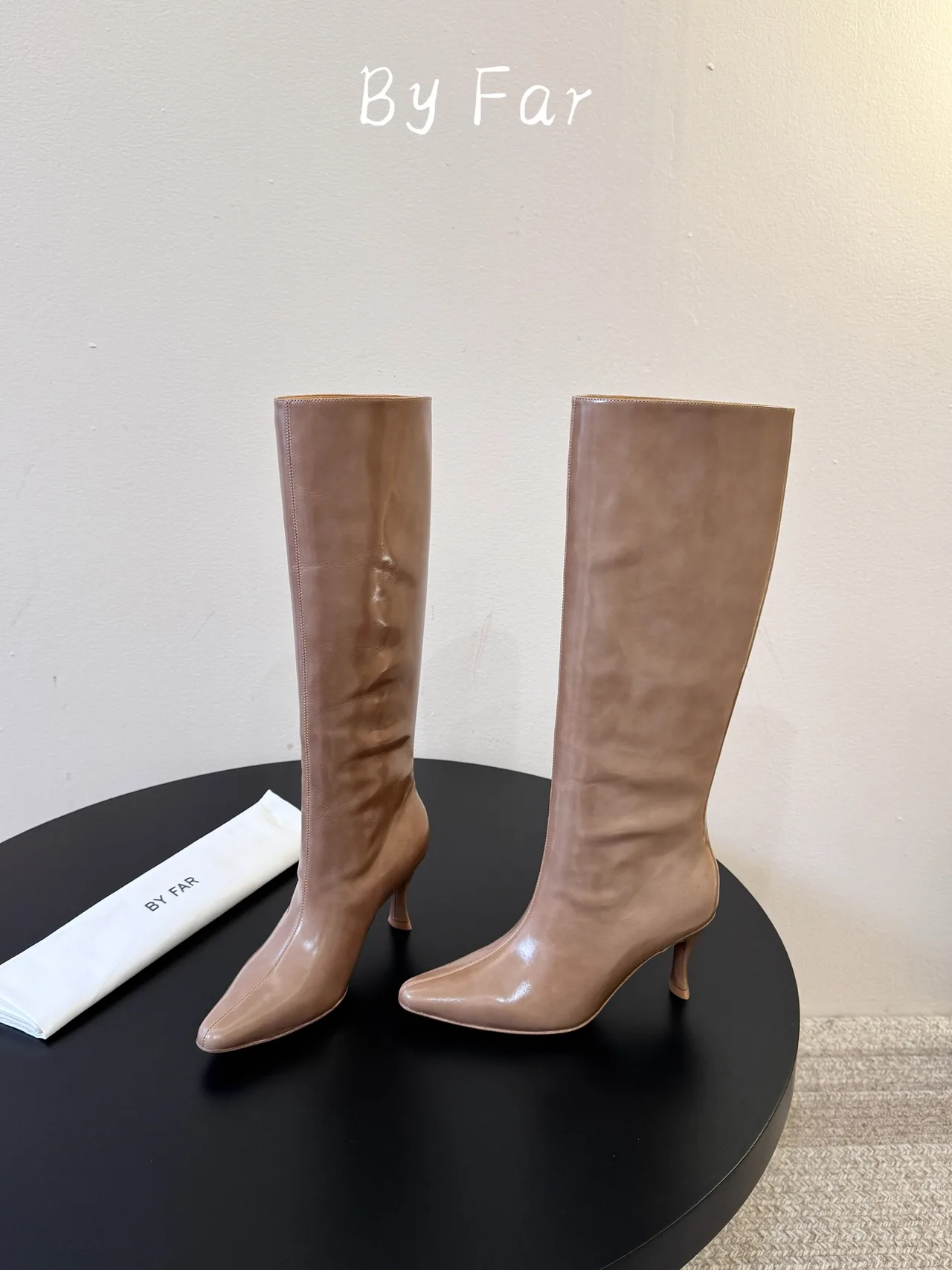By Far Glossy Pointed-Toe Knee-High Boots in Brown · view 3
