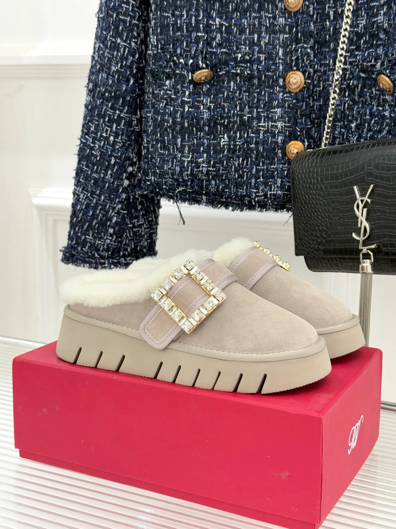 Roger Vivier Wool Buckle Fur-Lined Mules in Grey · view 2