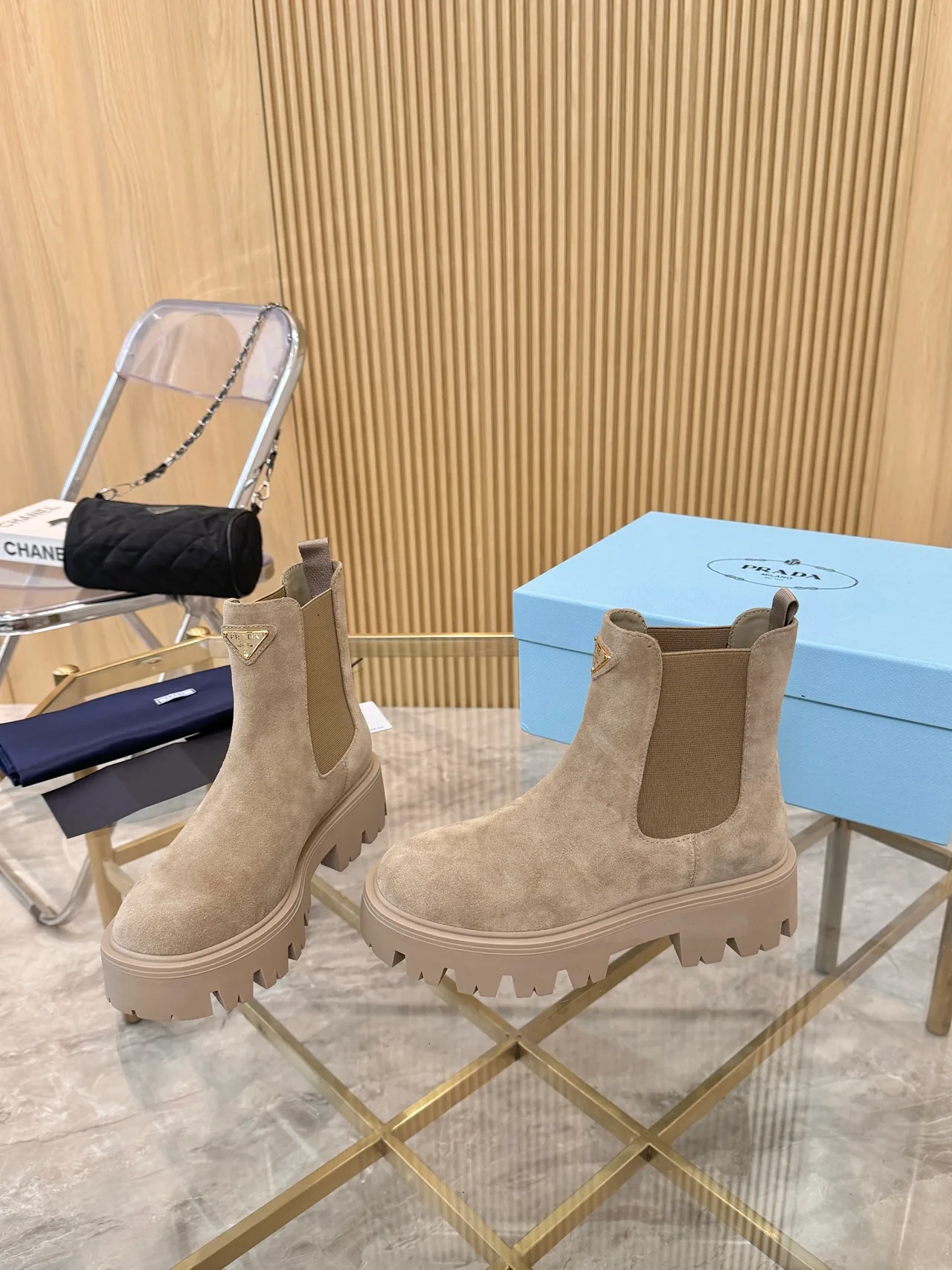 Prada Suede-Look Ankle Boots in Beige · view 2