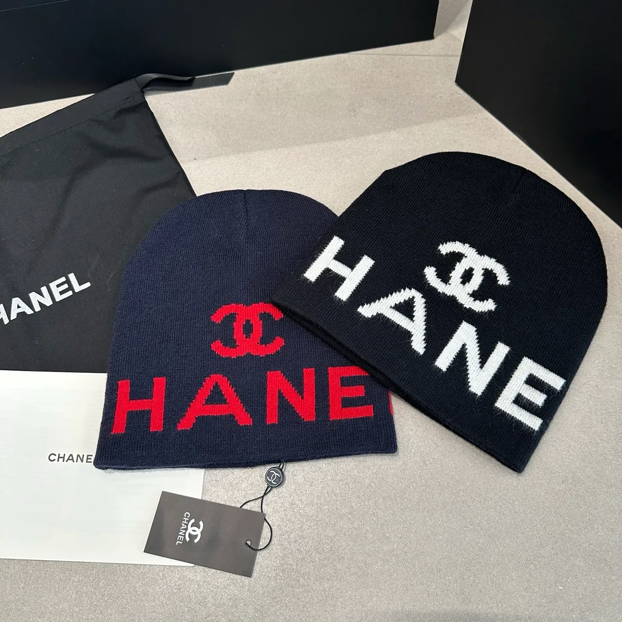 Chanel Logo knit beanie in Blue & Black · view 7