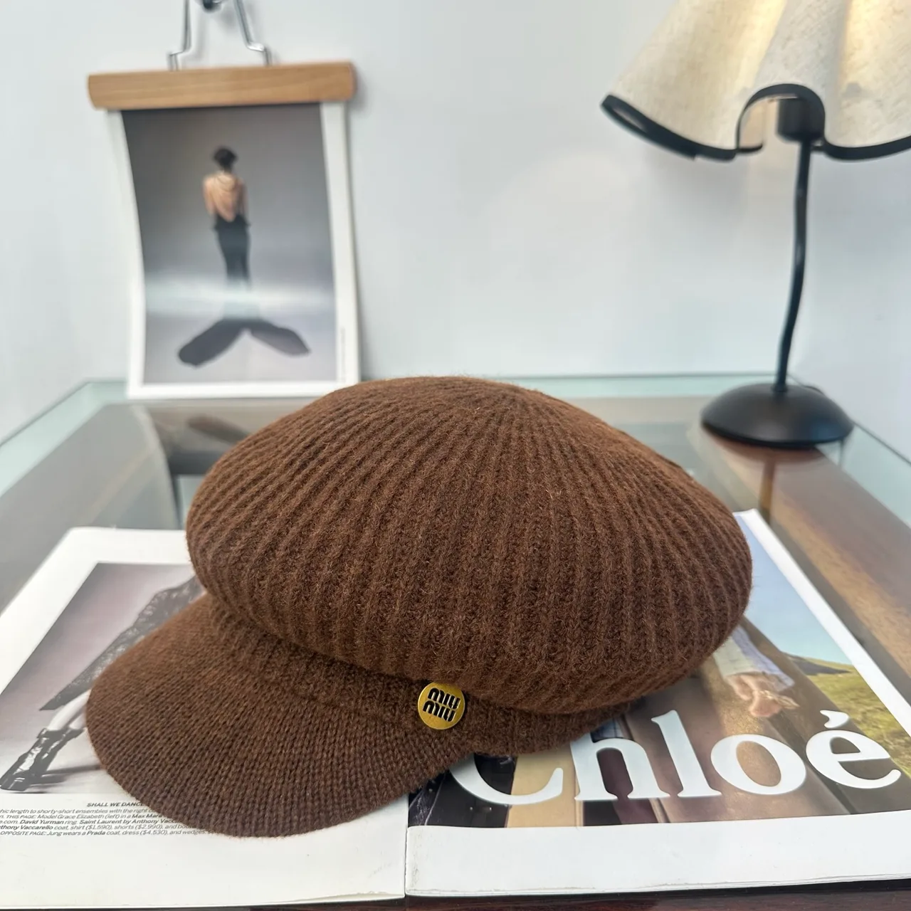 Miu Miu Ribbed Knit Brimmed Cap in Brown · view 1