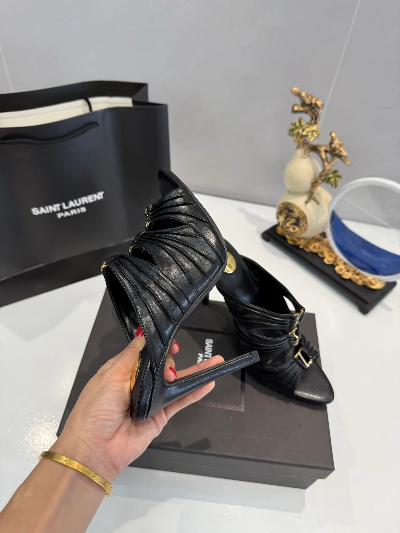Saint Laurent Letter-Strap Heel Mules in Black / Red · view 5