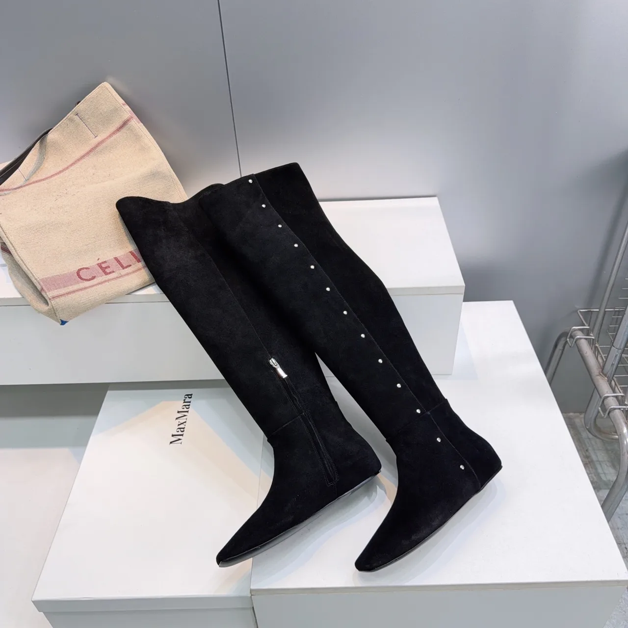Max Mara Glossy Suede-Look Pointed-Toe Knee-High Boots in Black · view 6