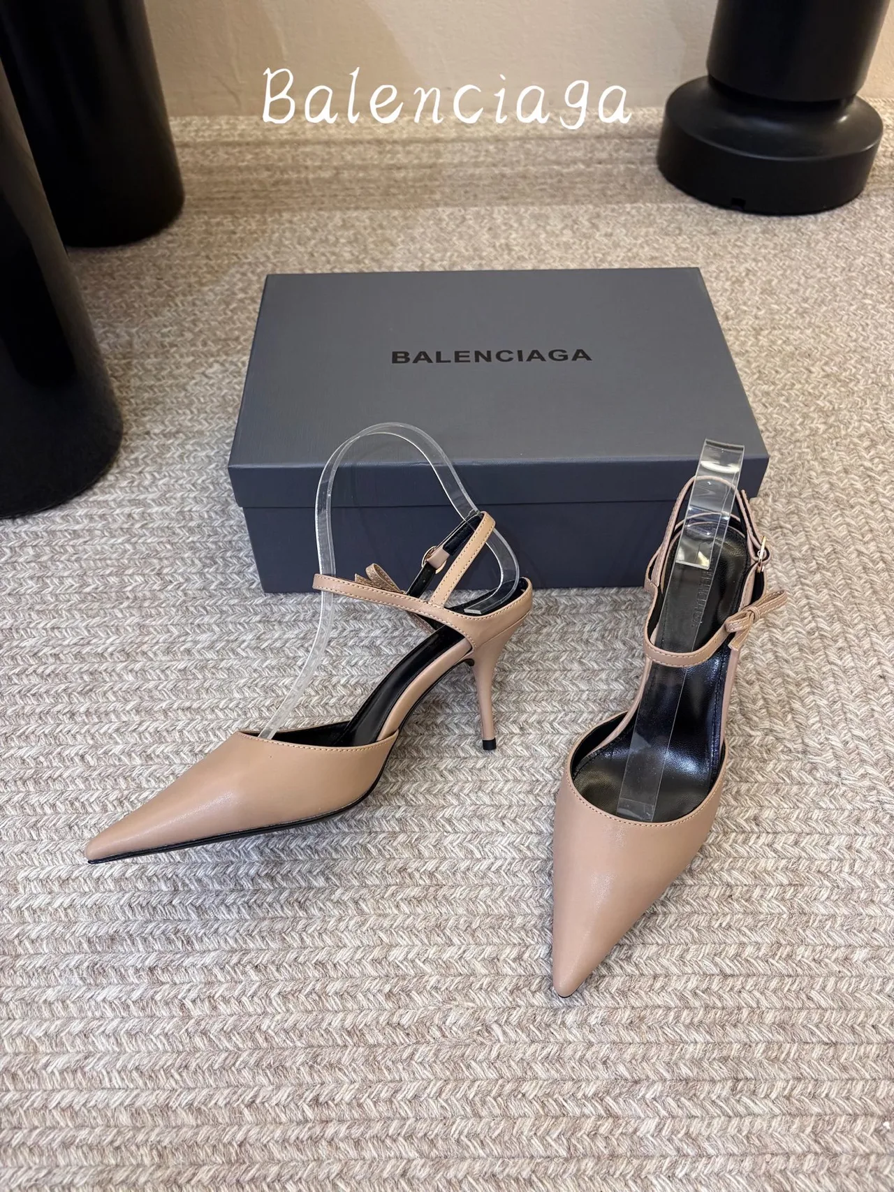 Balenciaga Glossy Pointed-Toe Ankle Strap Pumps in Beige · view 5