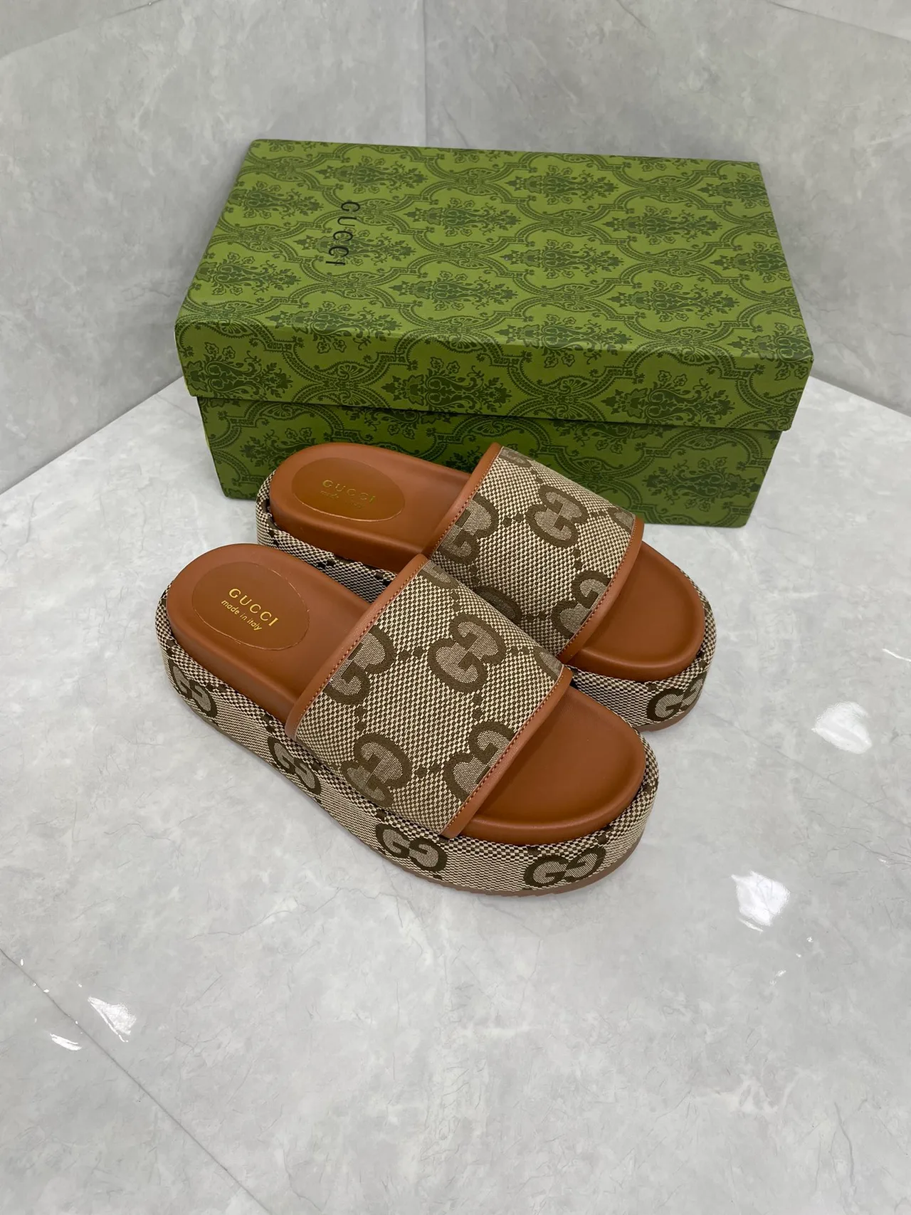 Gucci Platform Slides in Beige · view 3