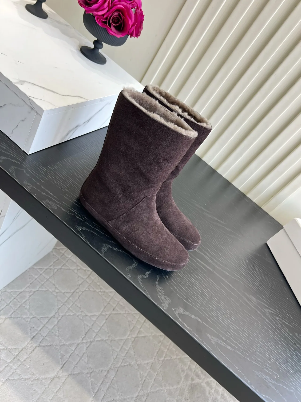 The Row Cowhide Suede-Look Fur-Lined Mid-Calf Boots in Brown · view 3