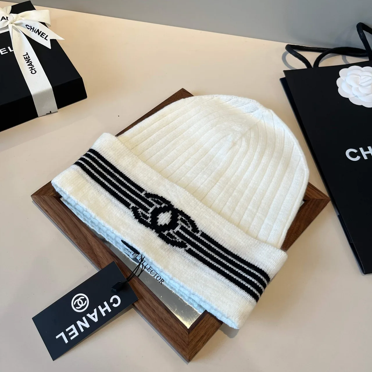 Chanel Ribbed Striped Beanie in White · view 1