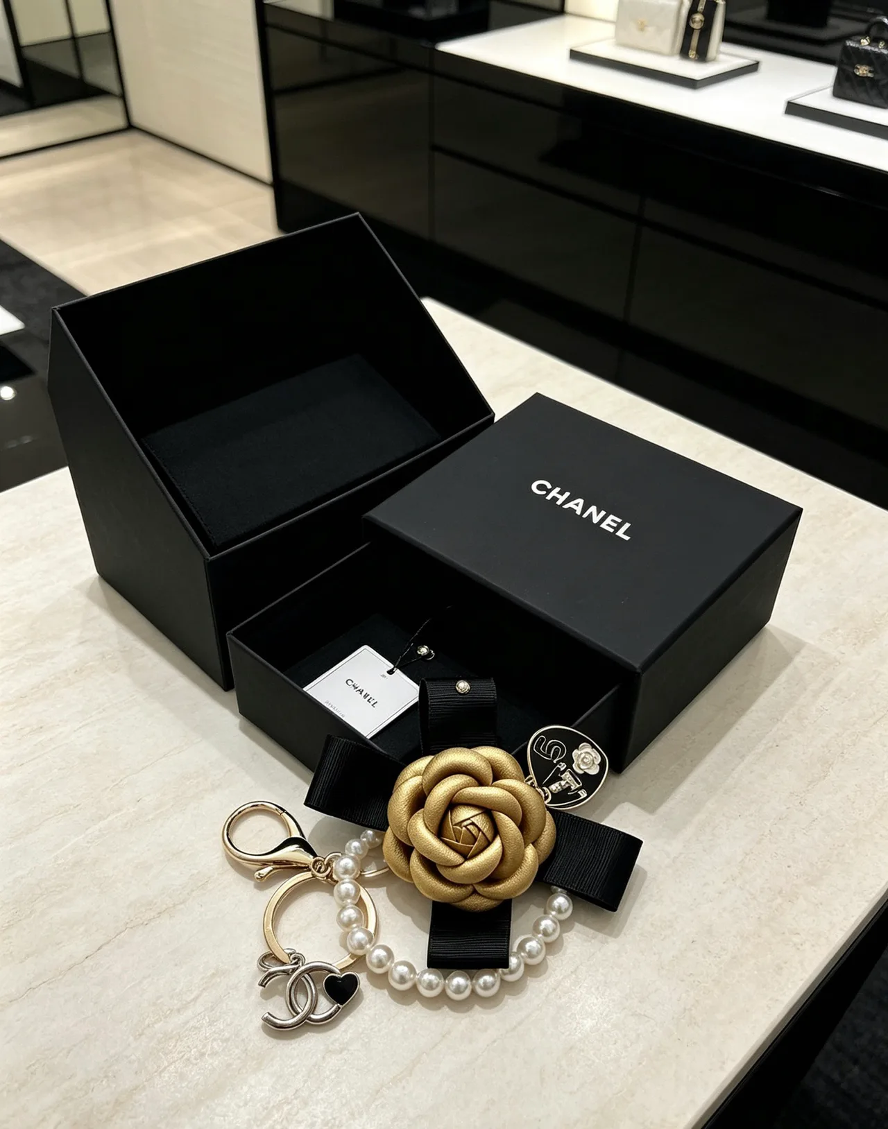 Chanel Glossy Camellia Keychain in Gold · view 4